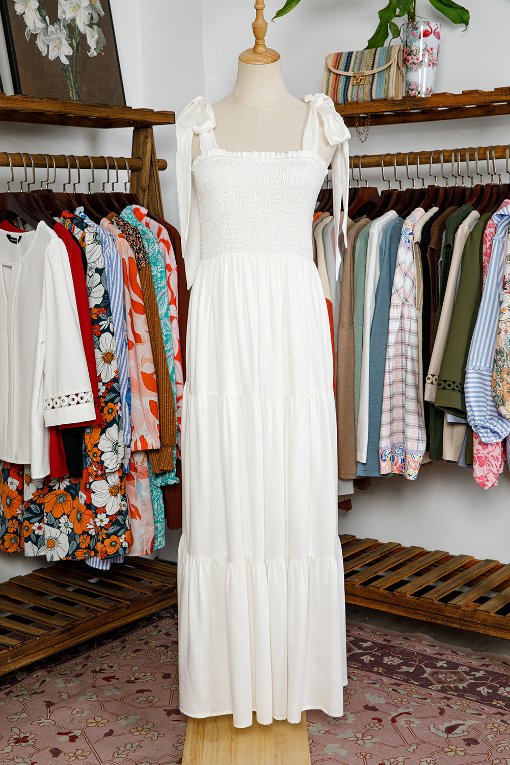 White Customizable Knot Straps Smocked Bodice Tiered Blank Maxi Dress - loveforevers