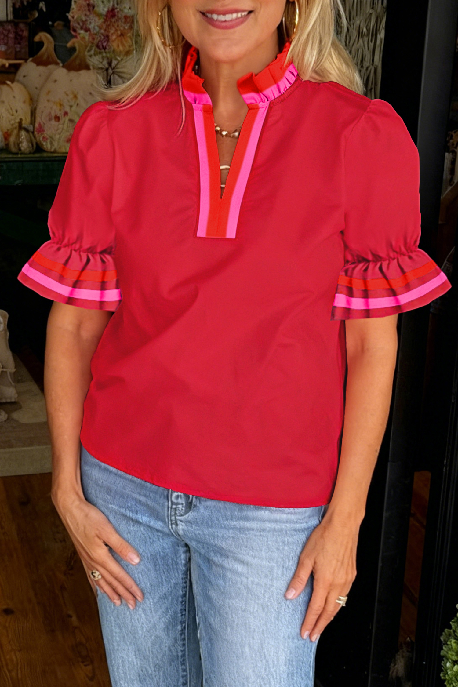Four Leaf Clover Striped Trim Ruffle Split Neck Long Sleeve Blouse - loveforevers