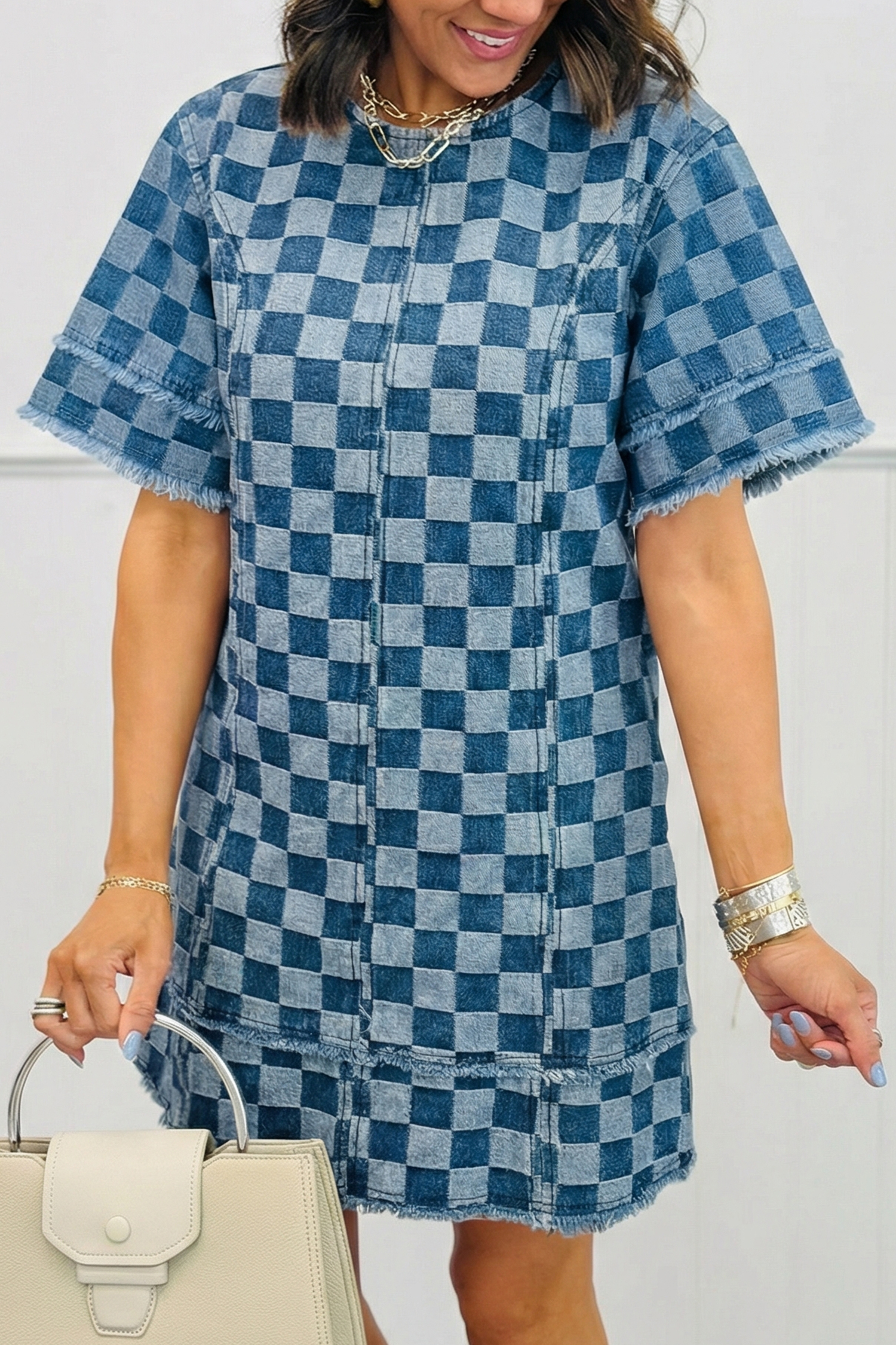 Sky Blue Frayed Hem Checkered Denim Mini Dress - loveforevers