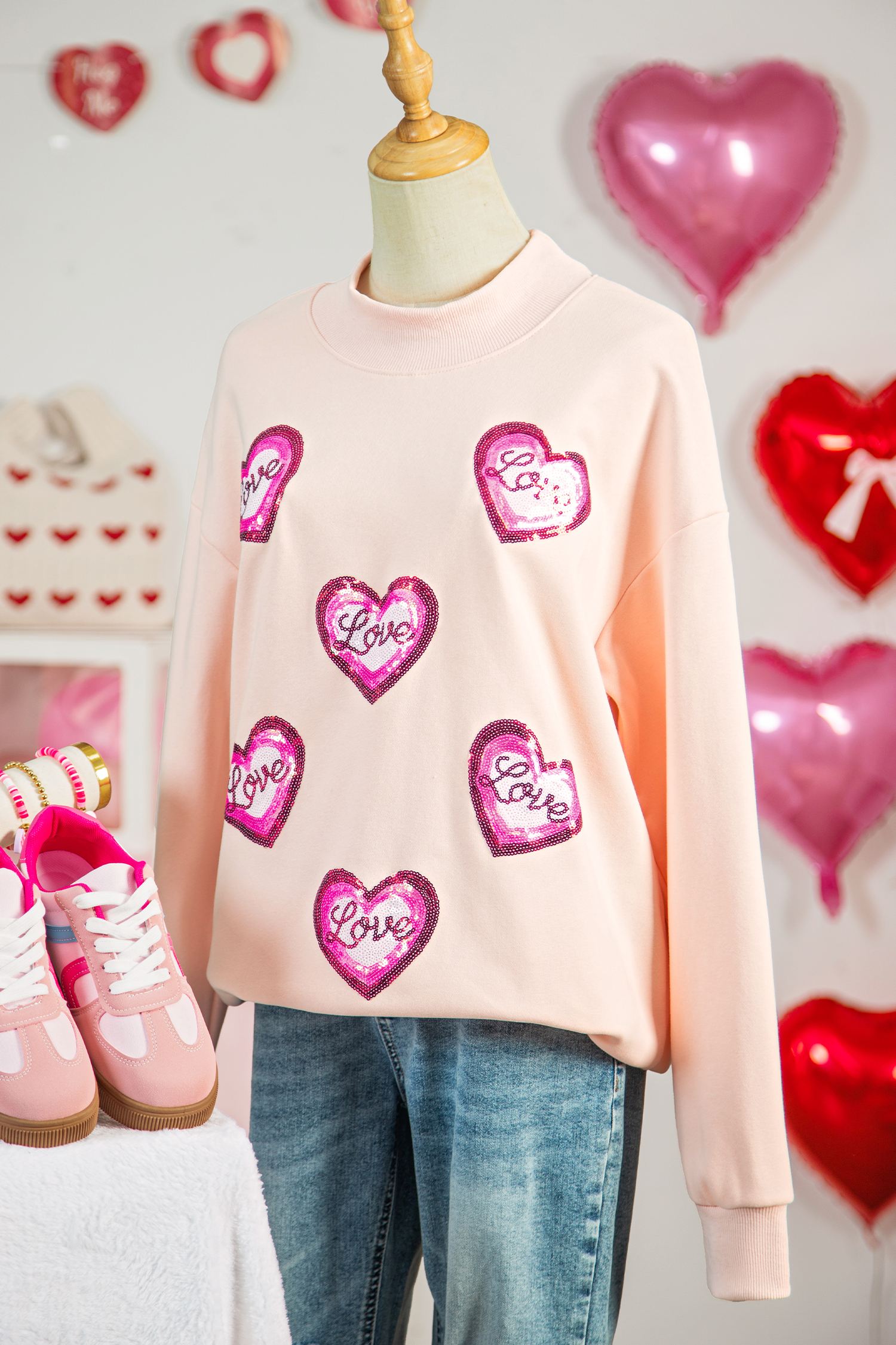 Apricot Pink Sequin Love Heart Patched Mock Neck Sweatshirt - loveforevers