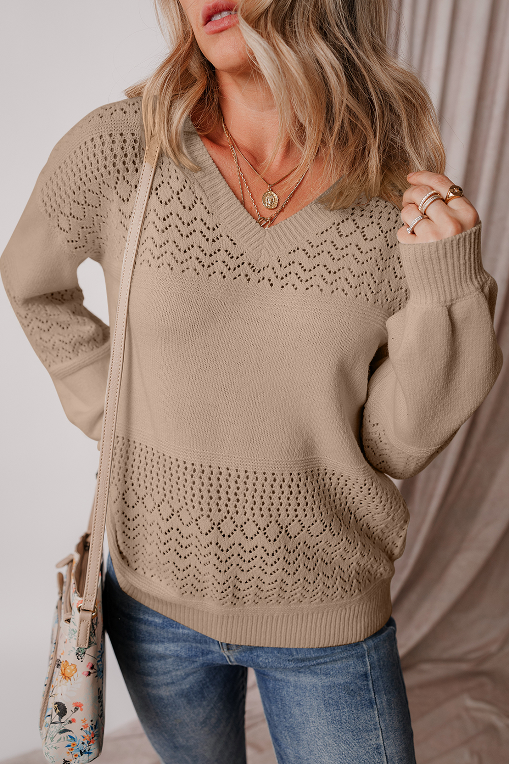 Sky Blue Eyelet Pattern Detail V Neck Drop Shoulder Sweater - loveforevers