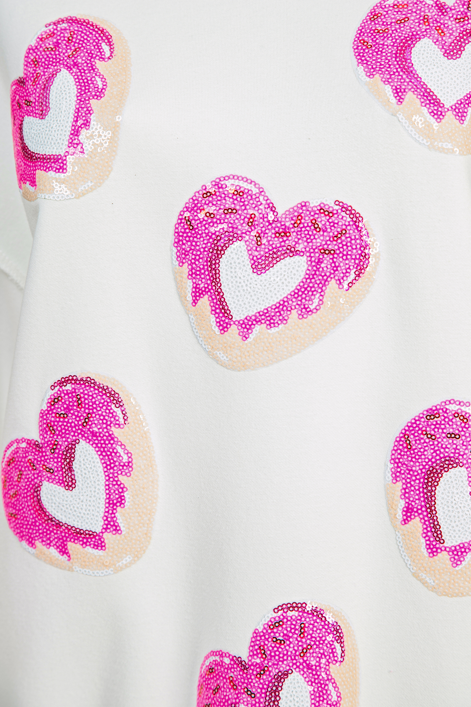 White Reversible Double Wear Sequin Donut Heart Graphic Mock Neck Sweatshirt - loveforevers
