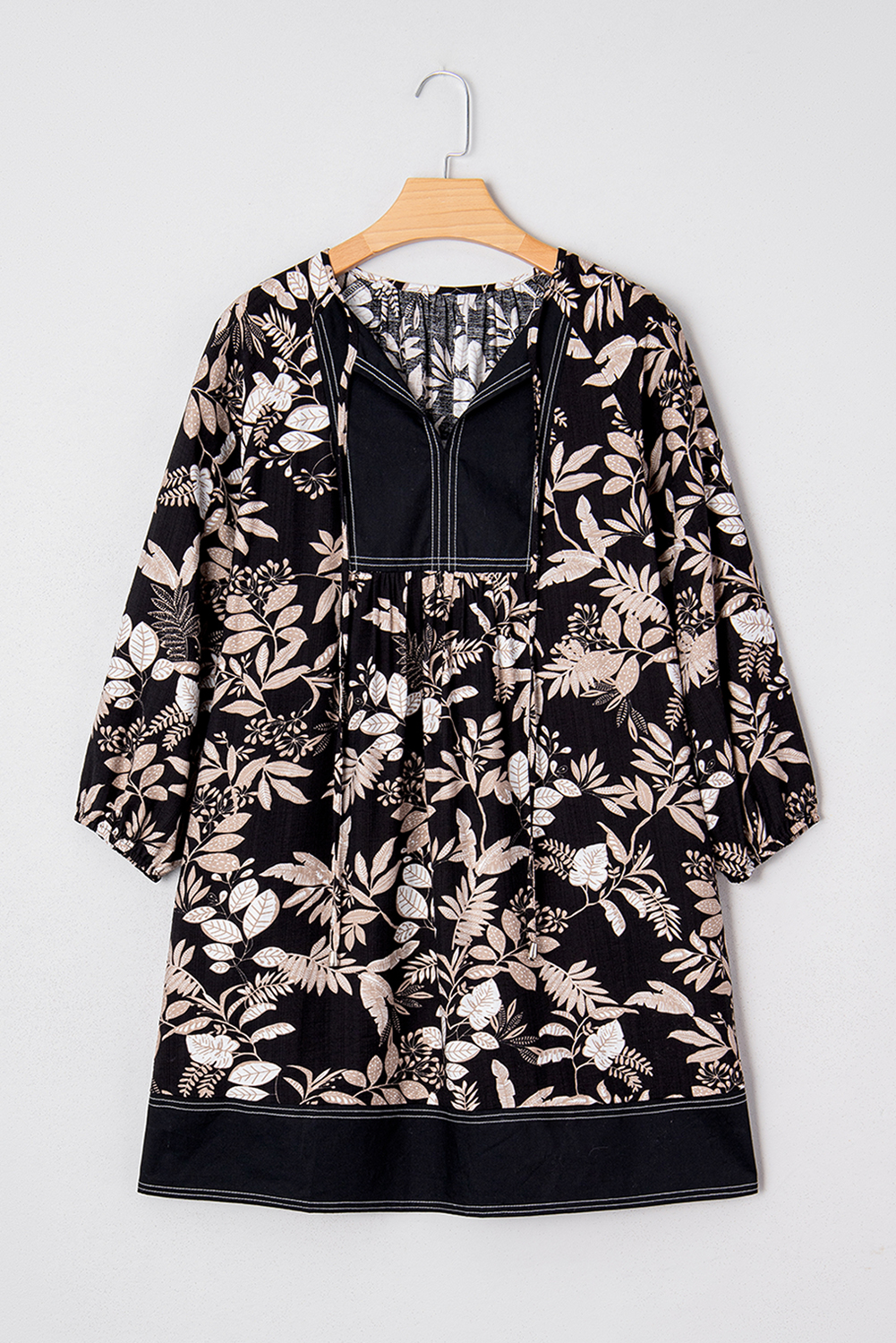 Black 3/4 Sleeve Botanical Print Split Neck Loose Mini Dress - loveforevers