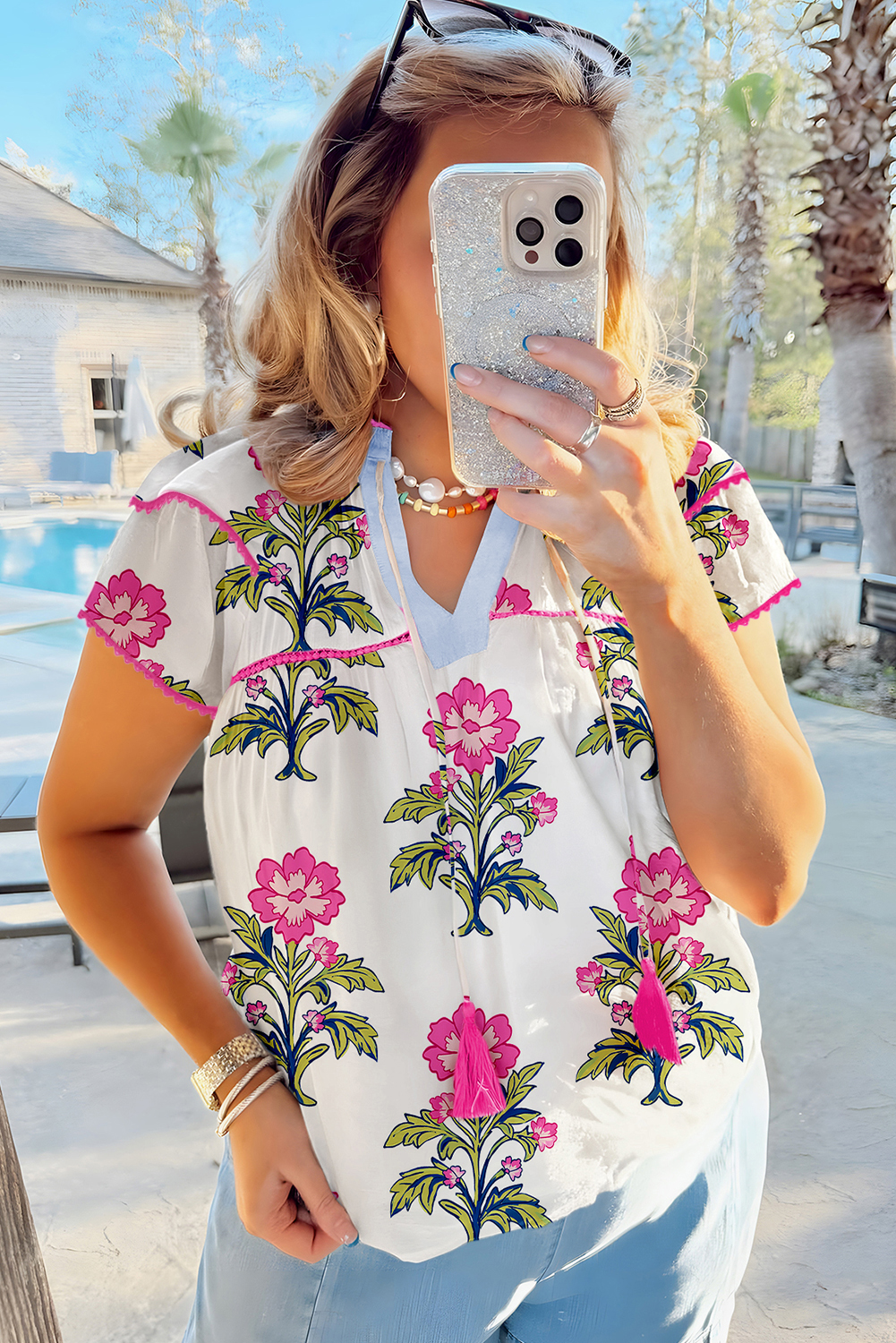 Rose Vintage Floral Print Contrast Notched V Neck Plus Size Summer Blouse - loveforevers