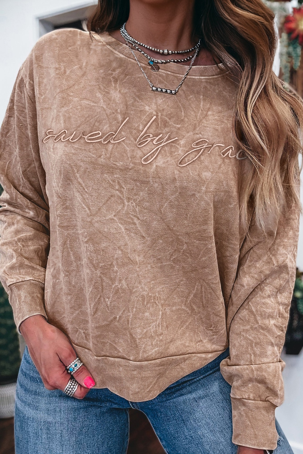 DUNE saved by grace Letter Embroidery Mineral Wash Loose Sweatshirt - loveforevers