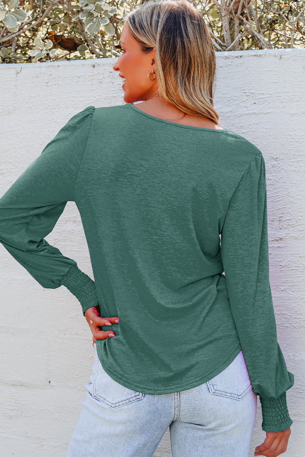 Beige Shirred Shoulder Frilled Cuffs Long Sleeve Top - loveforevers
