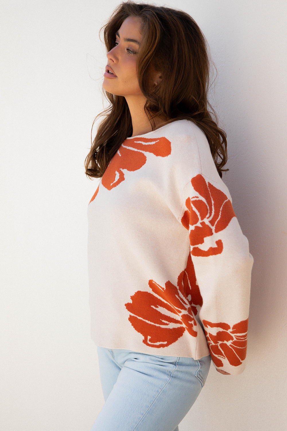 Beige Bold Flower Pattern Wide Sleeve Baggy Sweater - loveforevers