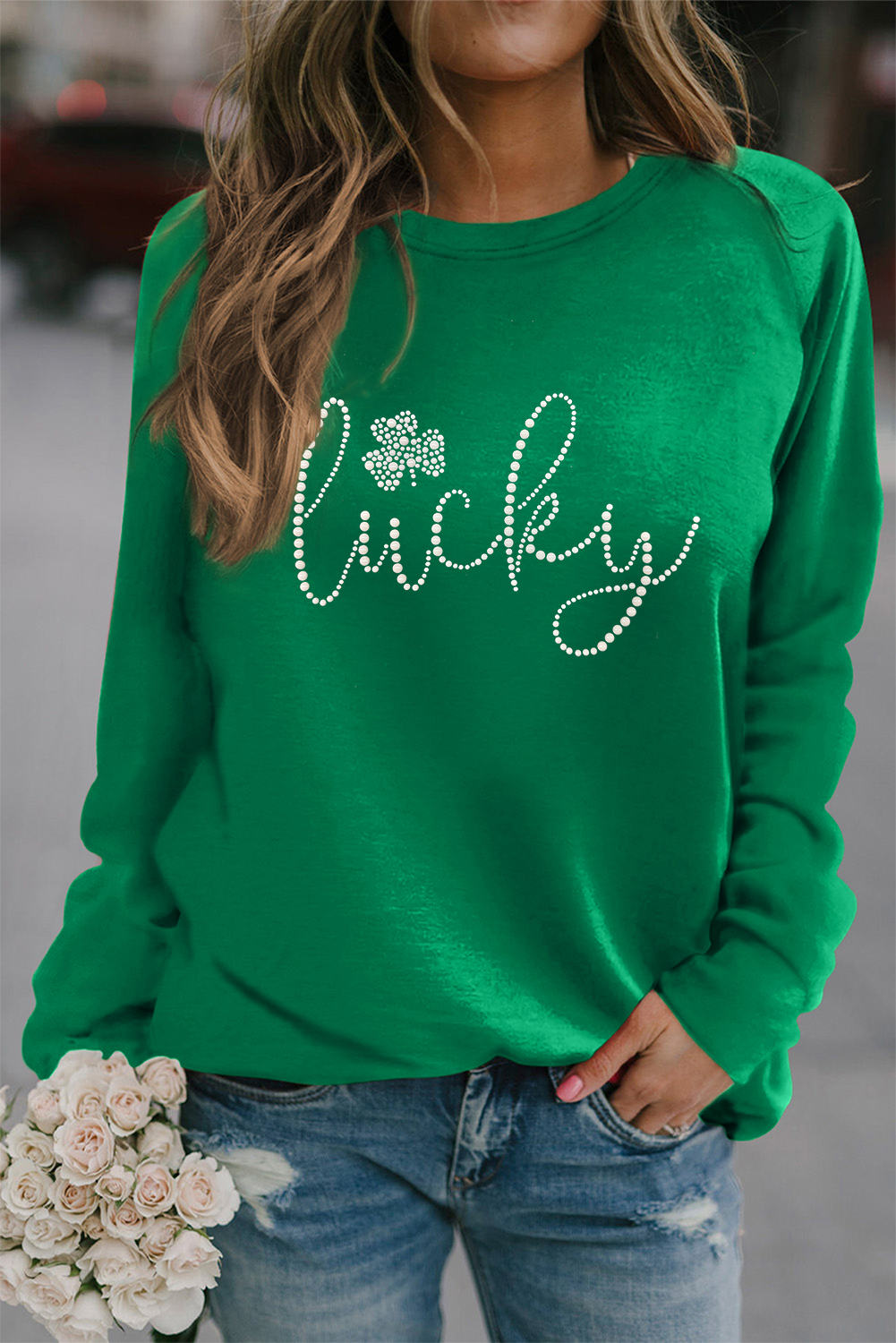 Green Rhinestone lucky Clover Graphic St Patrick Pullover Sweatshirt - loveforevers