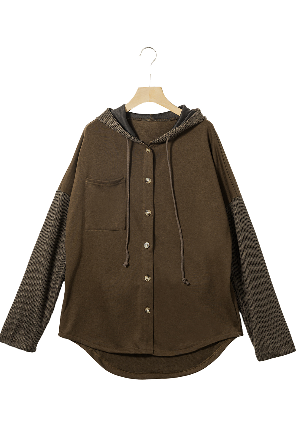 Dark Brown Button Up Contrast Knitted Sleeves Hooded Jacket - loveforevers