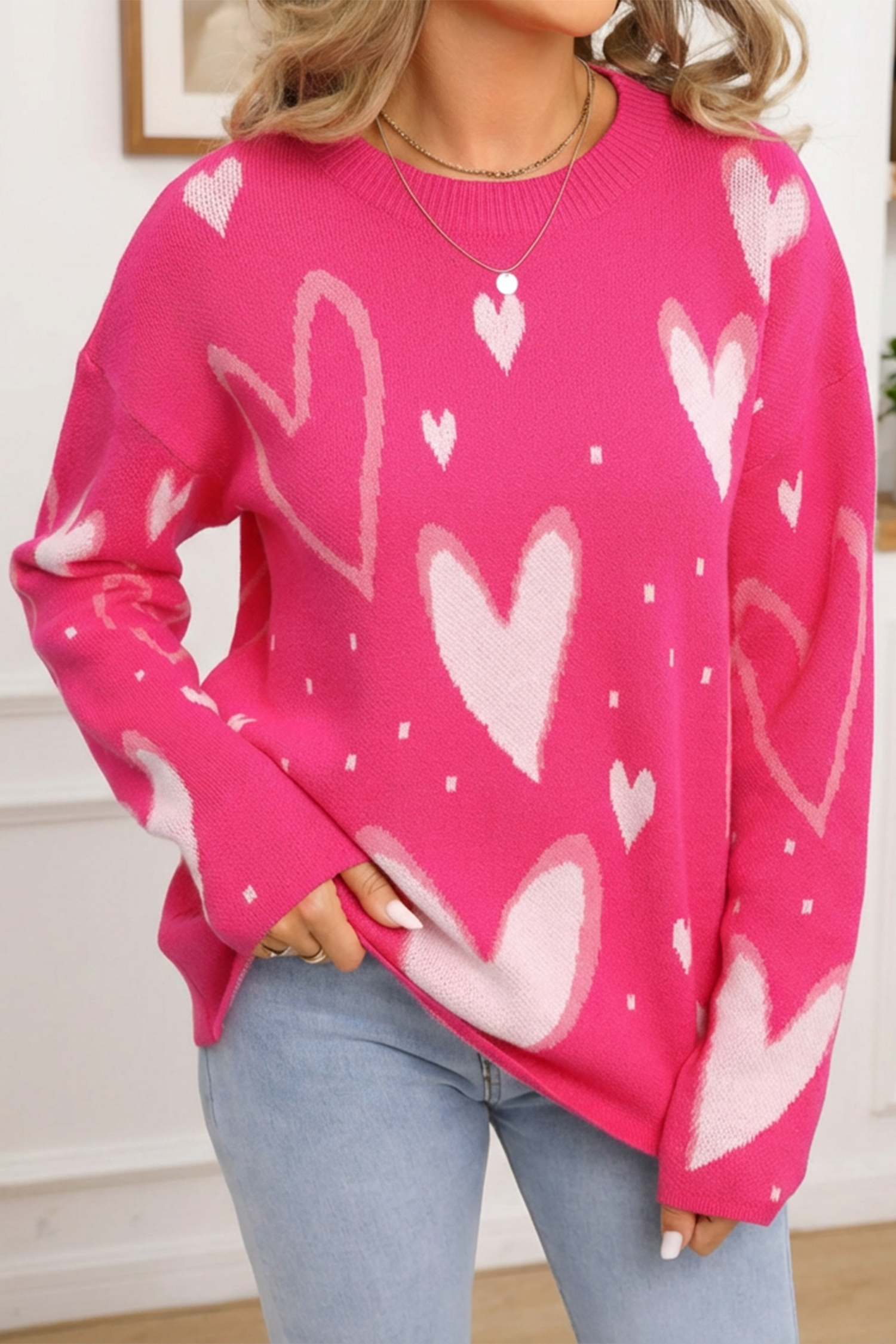 White Splendid Heart Print Valentines Day Sweater - loveforevers