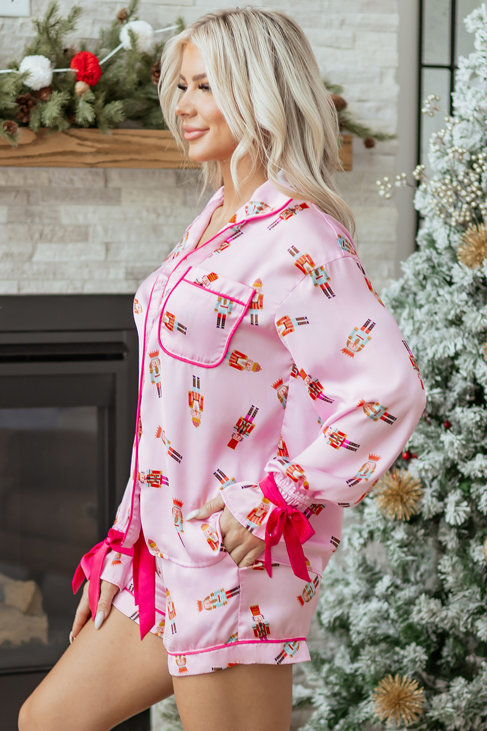 Pink Nutcracker Print Contrast Trim Tied up Bow Silky 2pcs Pajama Set - loveforevers