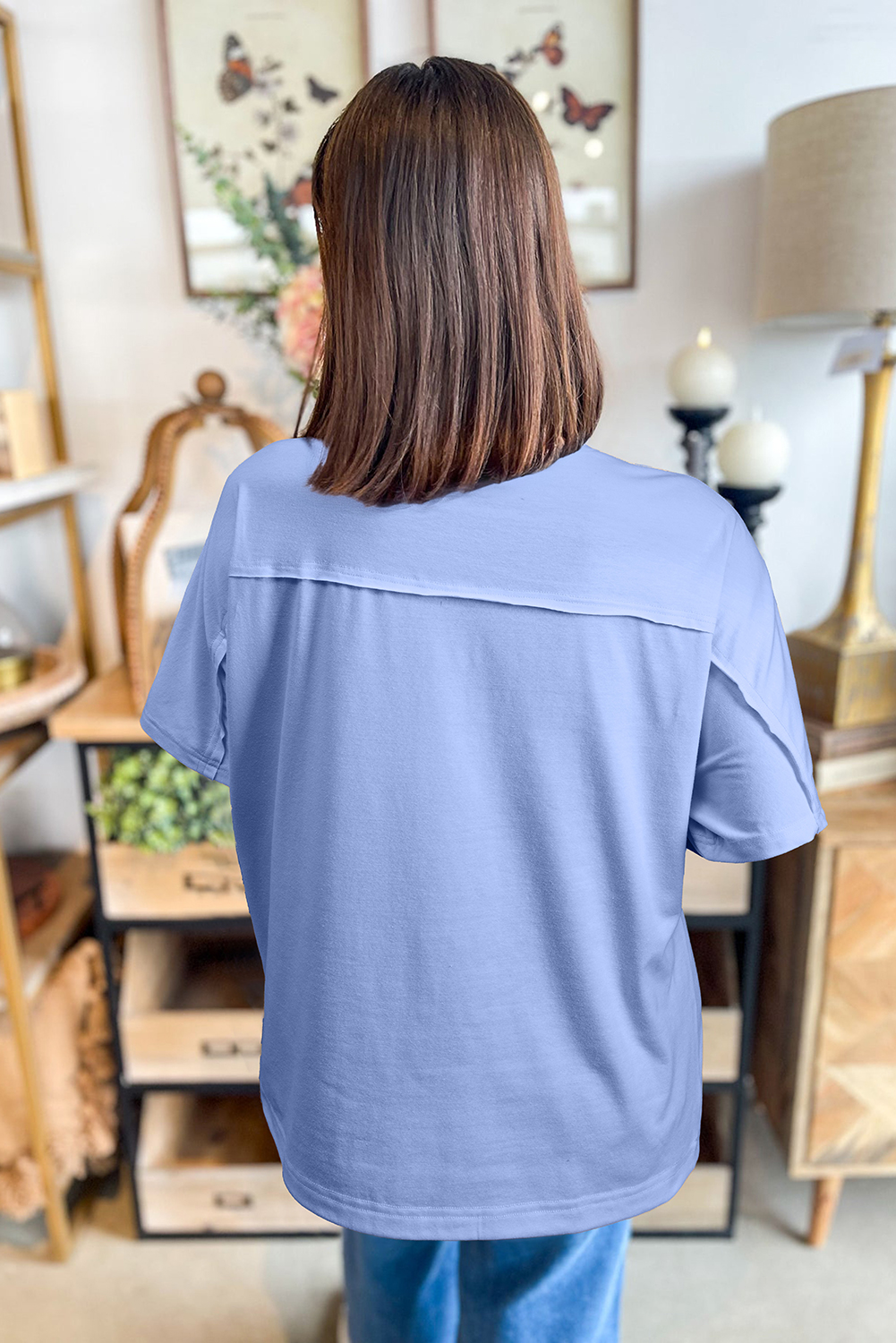 Apricot Flower Patched Exposed Stitching Trim Crew Neck Loose Tee - loveforevers