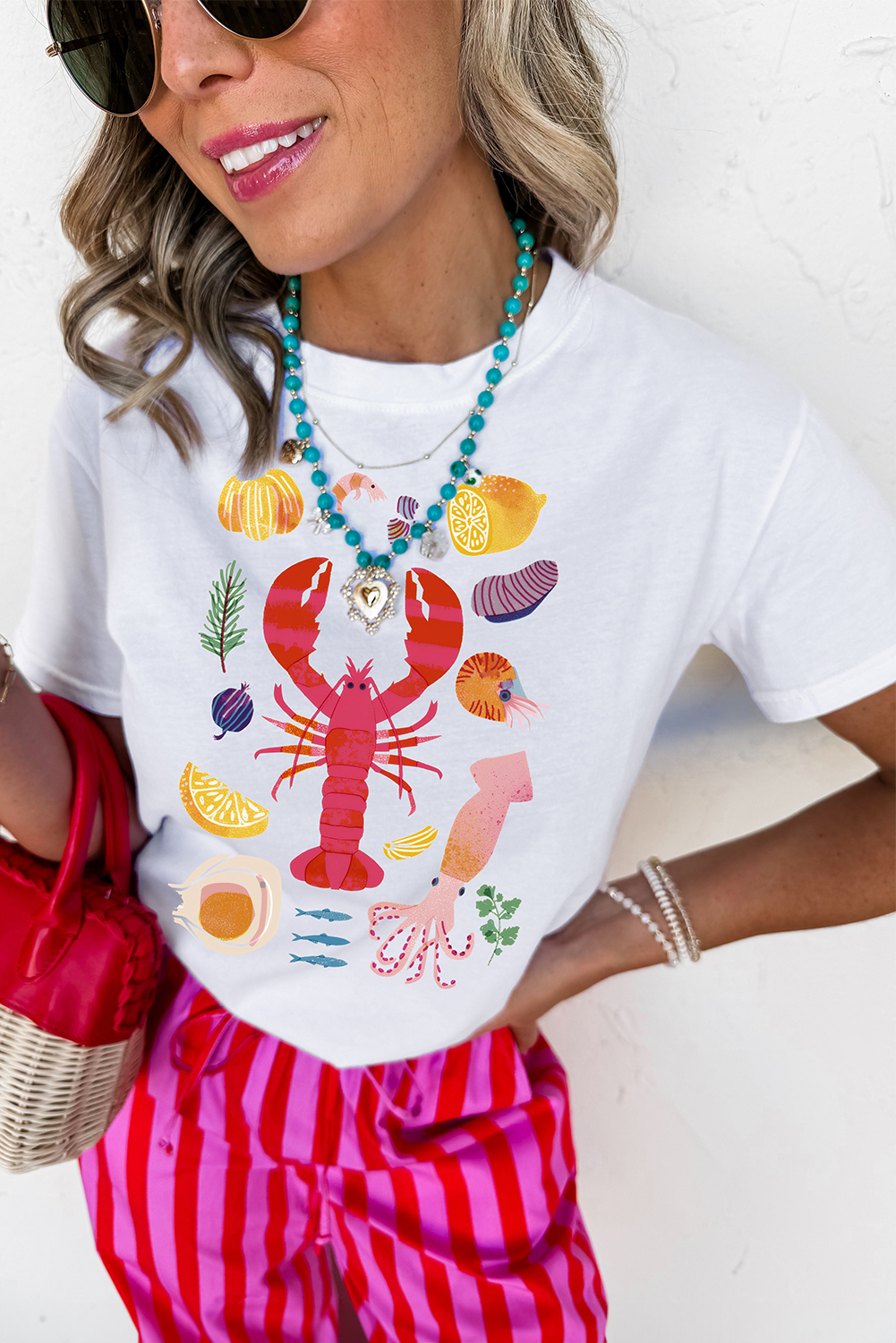 White Crawfish Food Ingredient Graphic Crewneck Tee - loveforevers