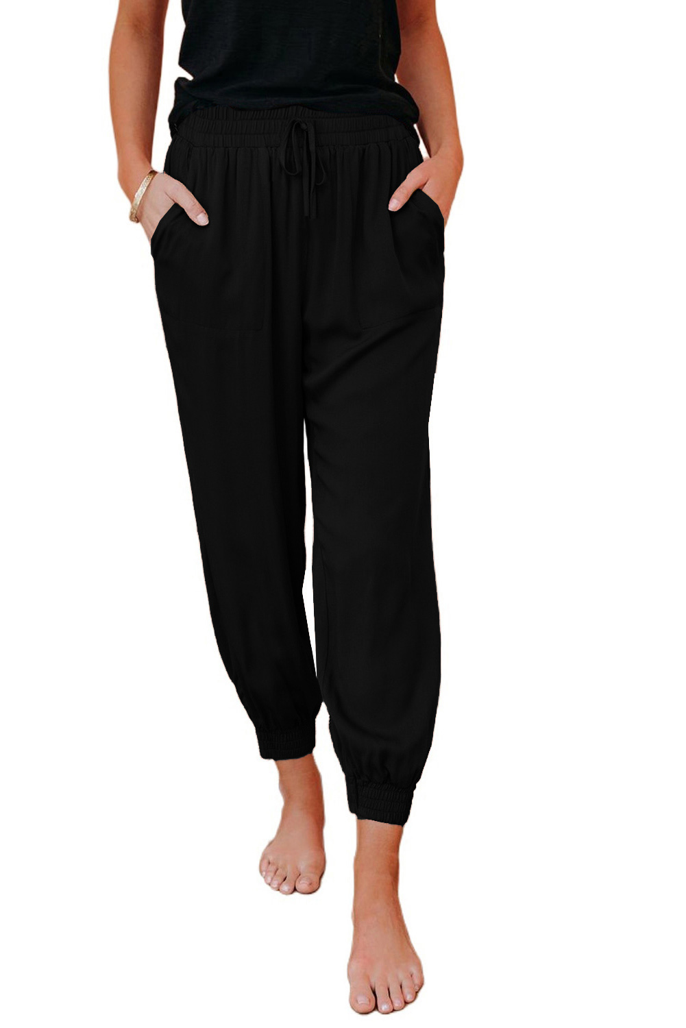 Black Drawstring Elastic Waistband Pocketed Cropped Jogger Pants - loveforevers