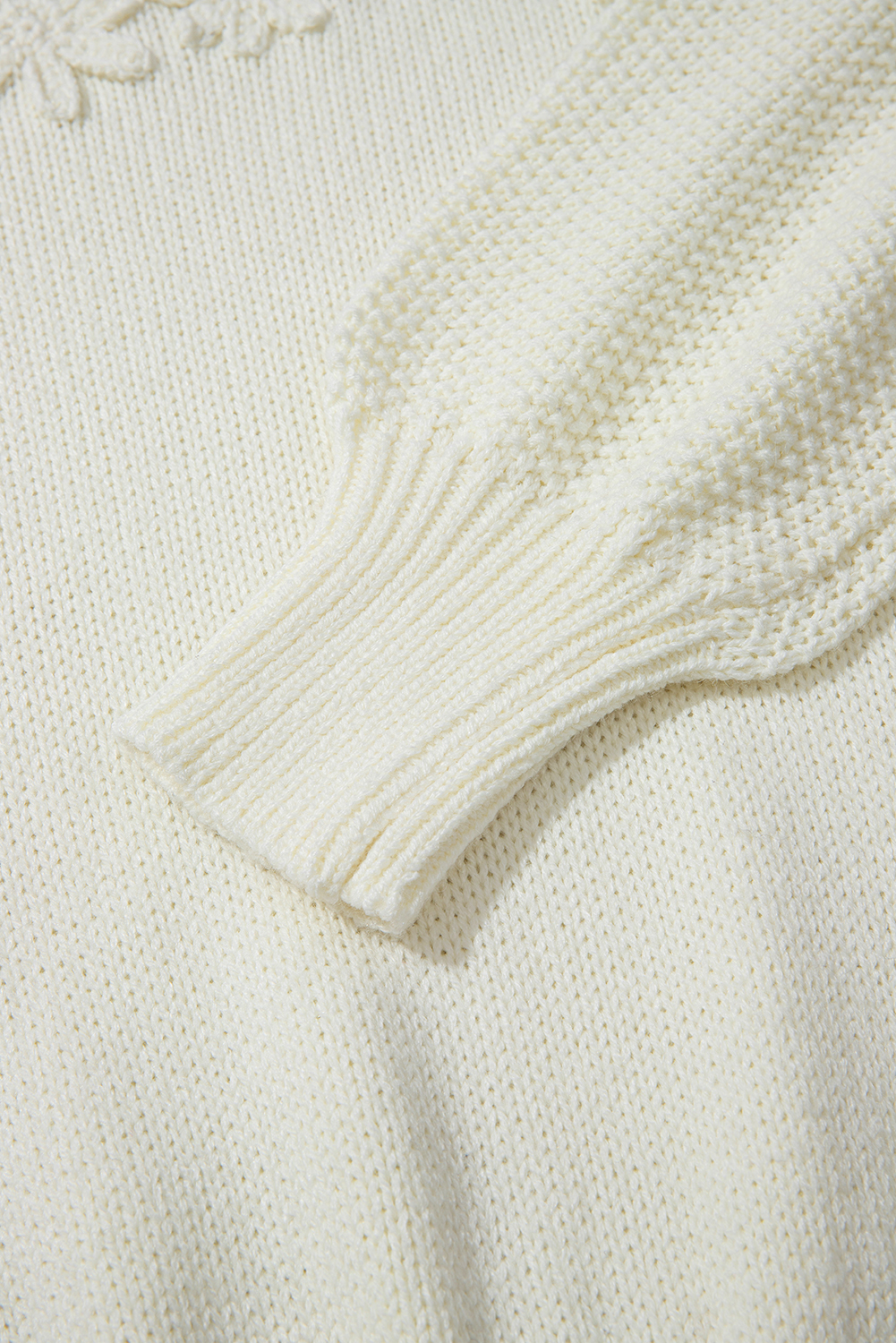 White Flower Detail Round Neck Contrast Textured Puff Sleeve Sweater - loveforevers