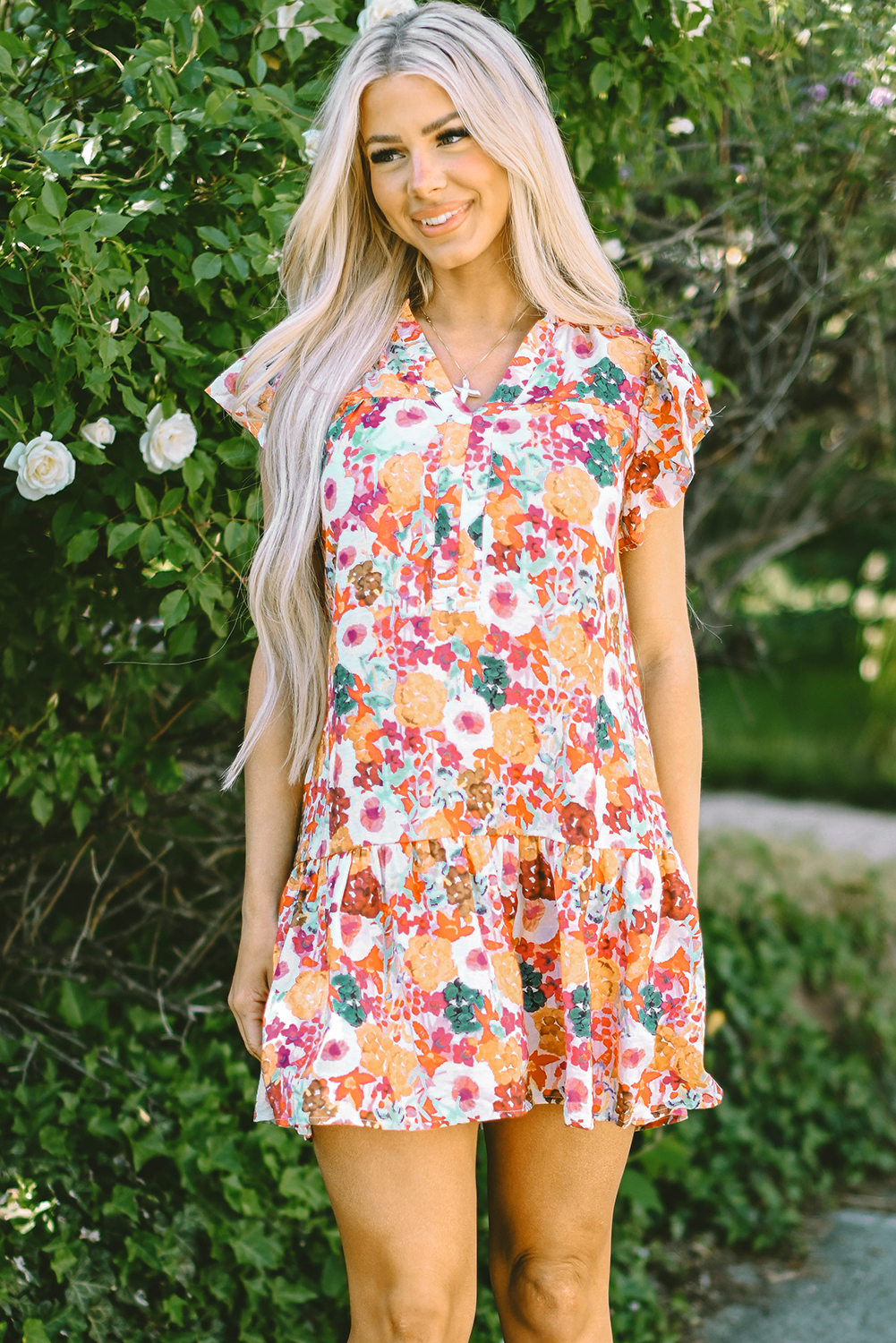 Purple Floral Print Split Neck Flutter Sleeve Dress - loveforevers