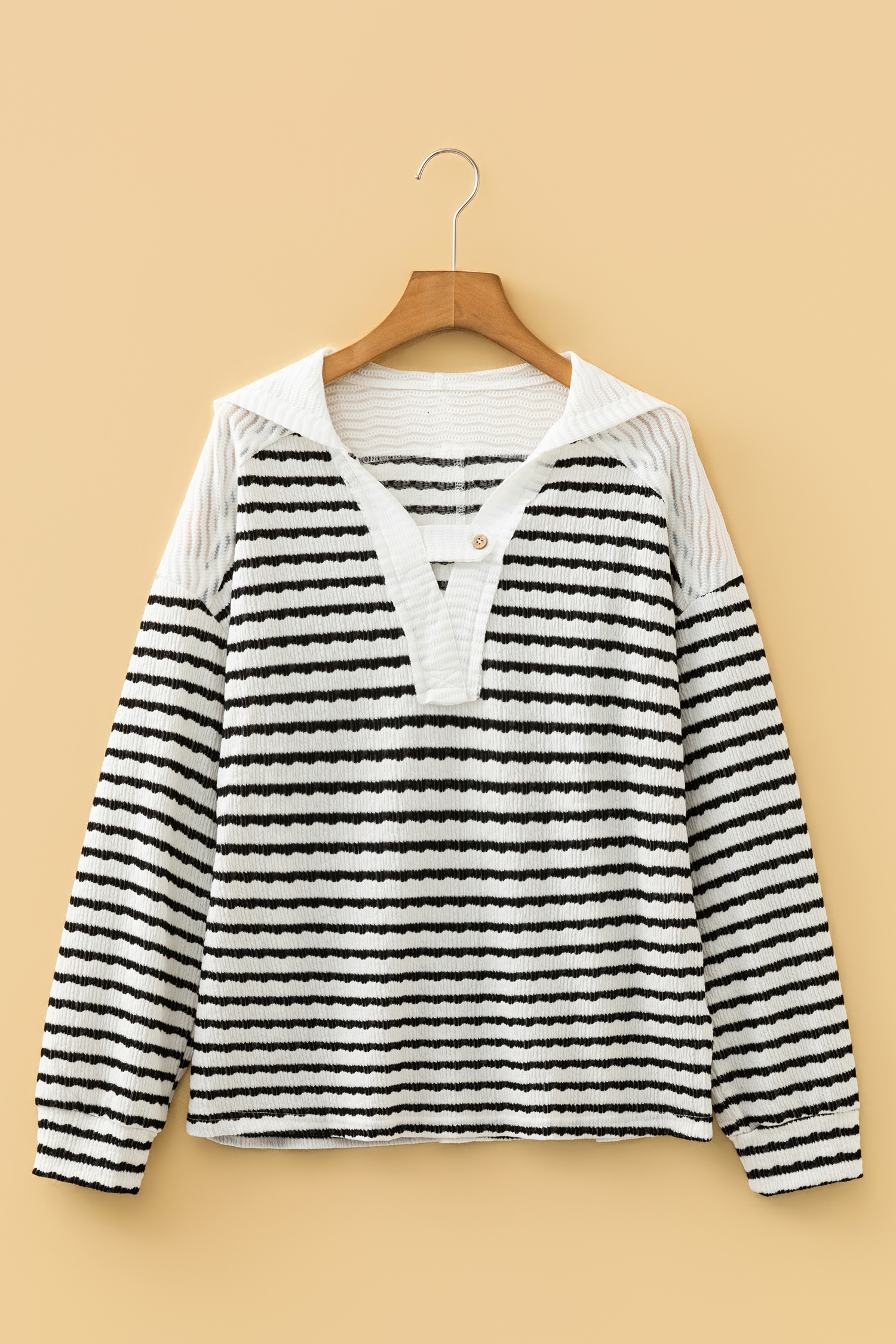 Khaki Stripe Textured Hooded V Neck Casual Long Sleeve Top - loveforevers