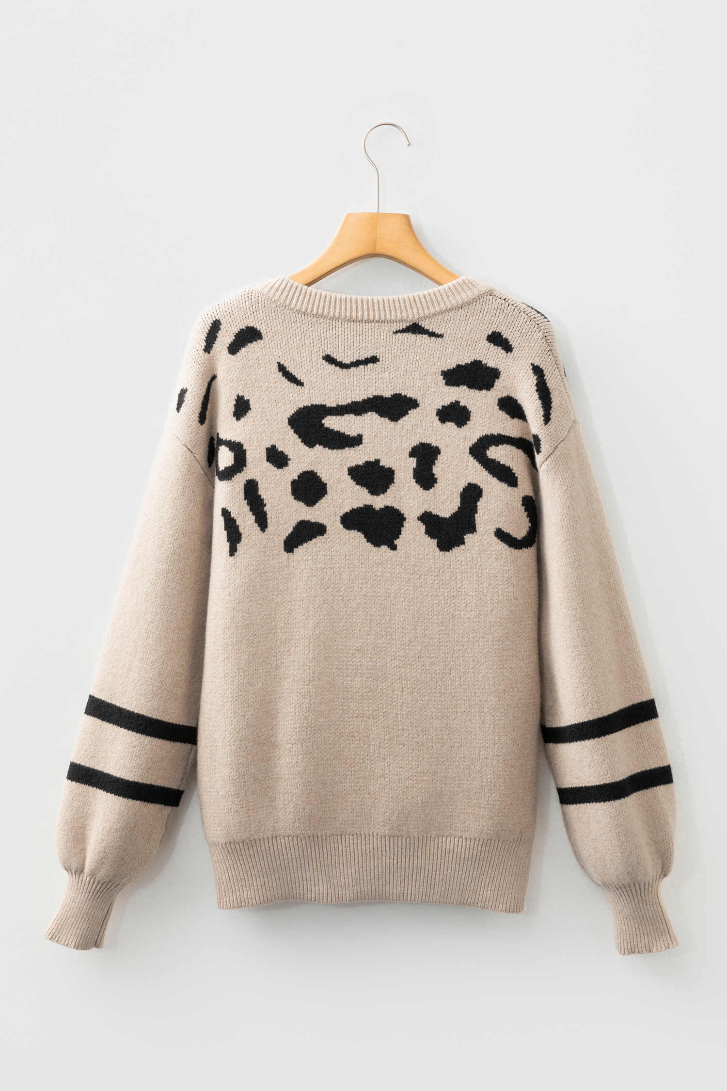 Khaki Leopard Striped Detail Drop Shoulder Sweater - loveforevers