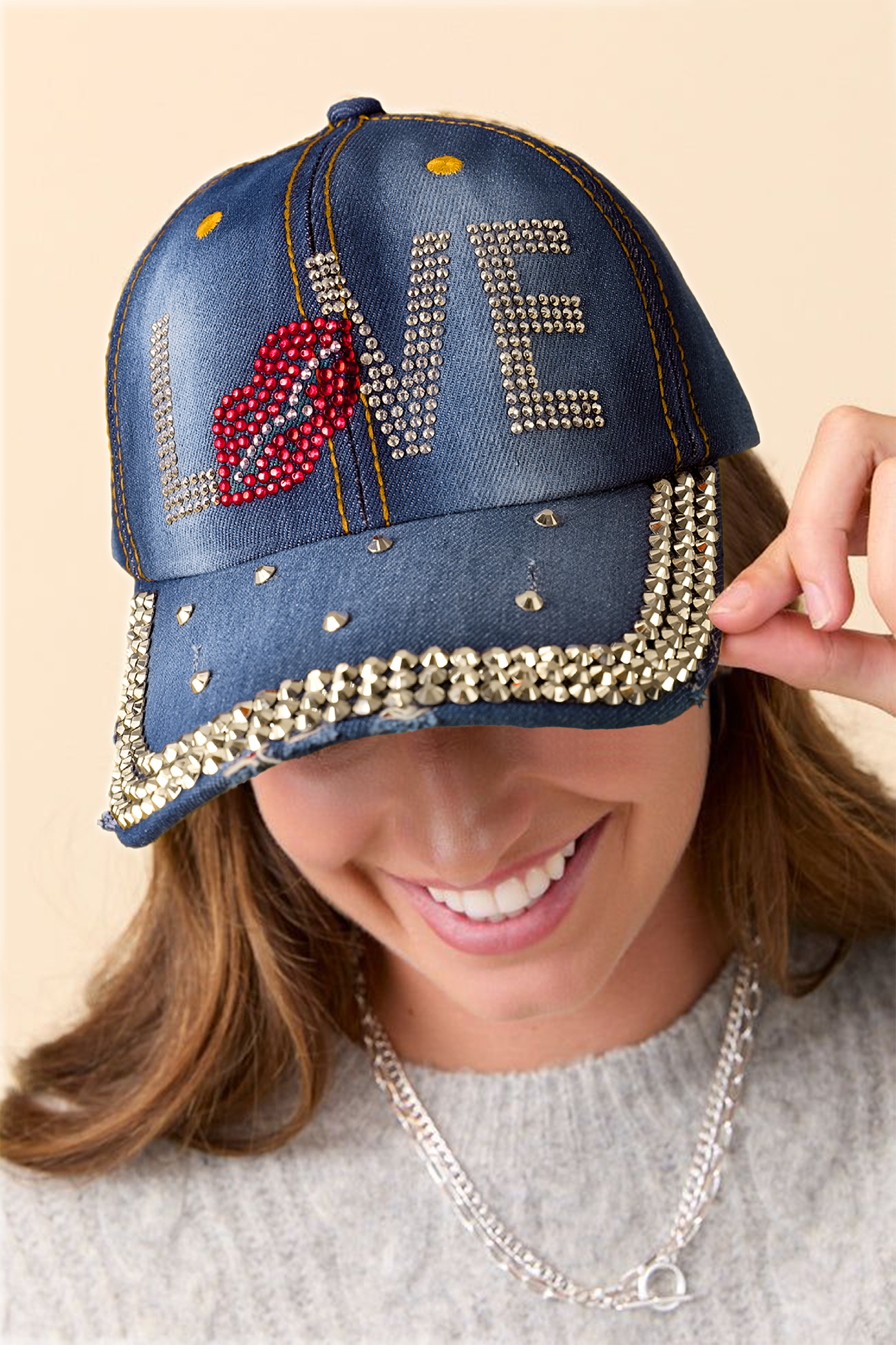 Ashleigh Blue Rhinestone Embellished LOVE Lip Denim Baseball Cap - loveforevers