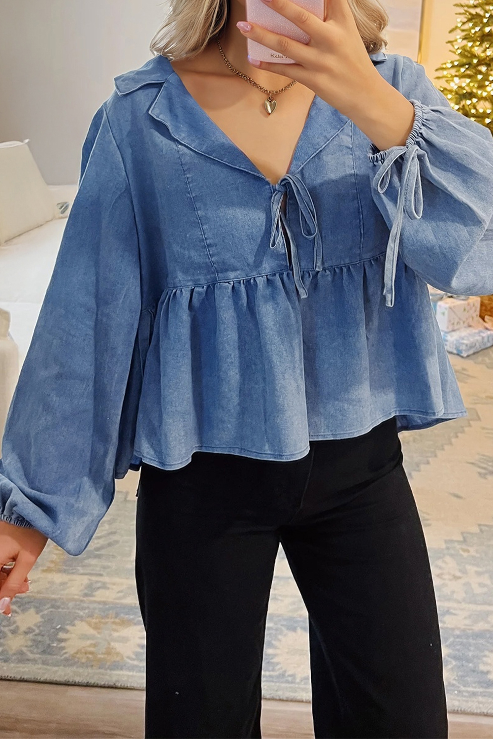 Dusk Blue Denim Lapel Neck Balloon Sleeve Tied Peplum Top - loveforevers