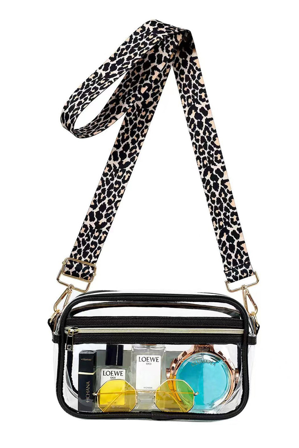 Black Leopard Strap Clear Crossbody Bag - loveforevers