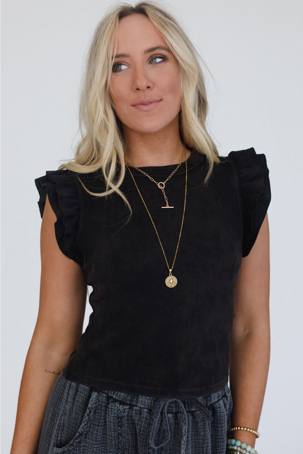 Black Ruffled Crew Neck Slim Fit Top - loveforevers