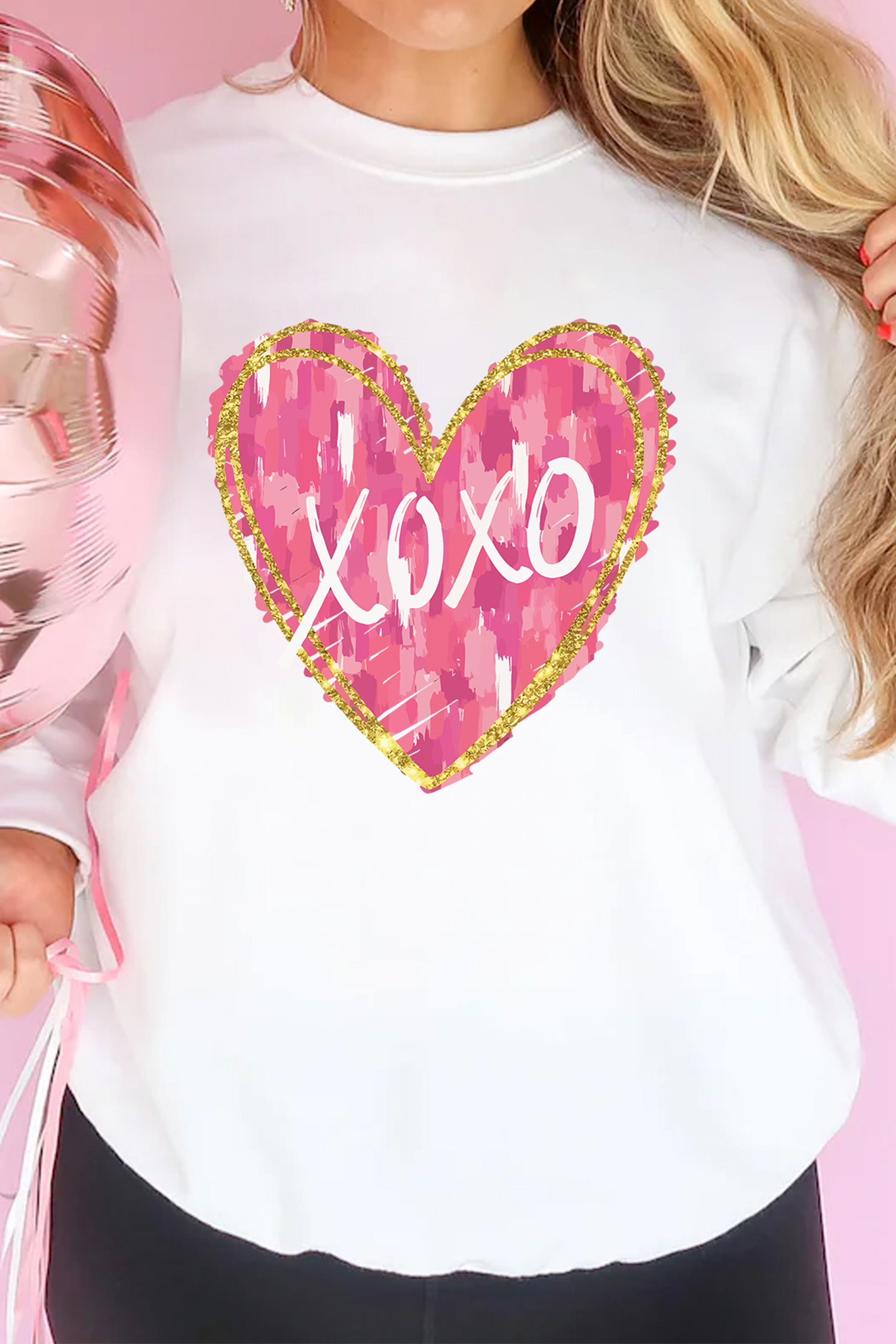 White xoxo Glitter Trim Brushstroke Heart Printed Pullover Sweatshirt - loveforevers