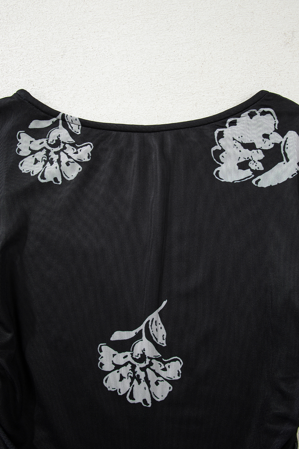 Black Floral Print Sleek Bodice Mesh Long Sleeve Top - loveforevers
