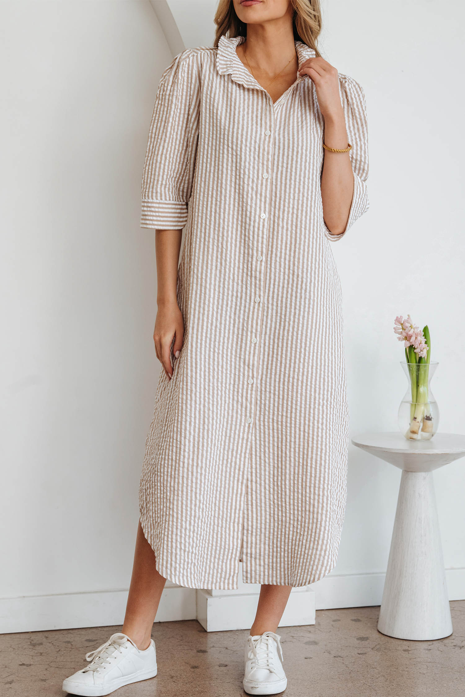 Khaki Stripe Frilled Collar Half Sleeve Shirt Maxi Dress - loveforevers