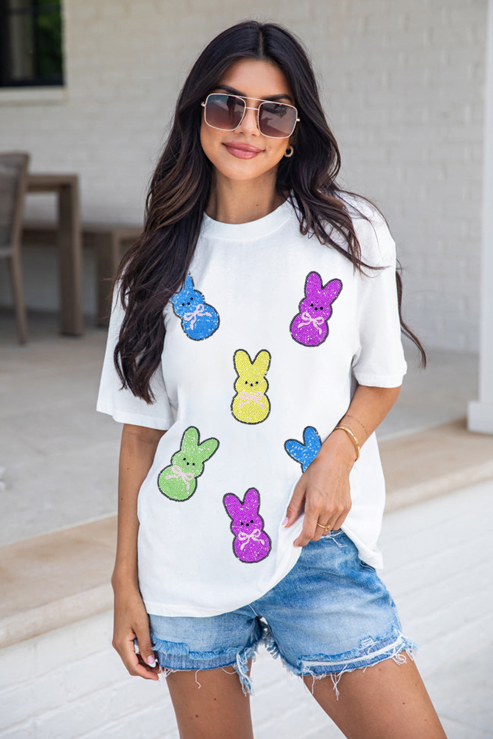 White Sequin Bow Bunny Doll Patched Easter Graphic Tee - loveforevers