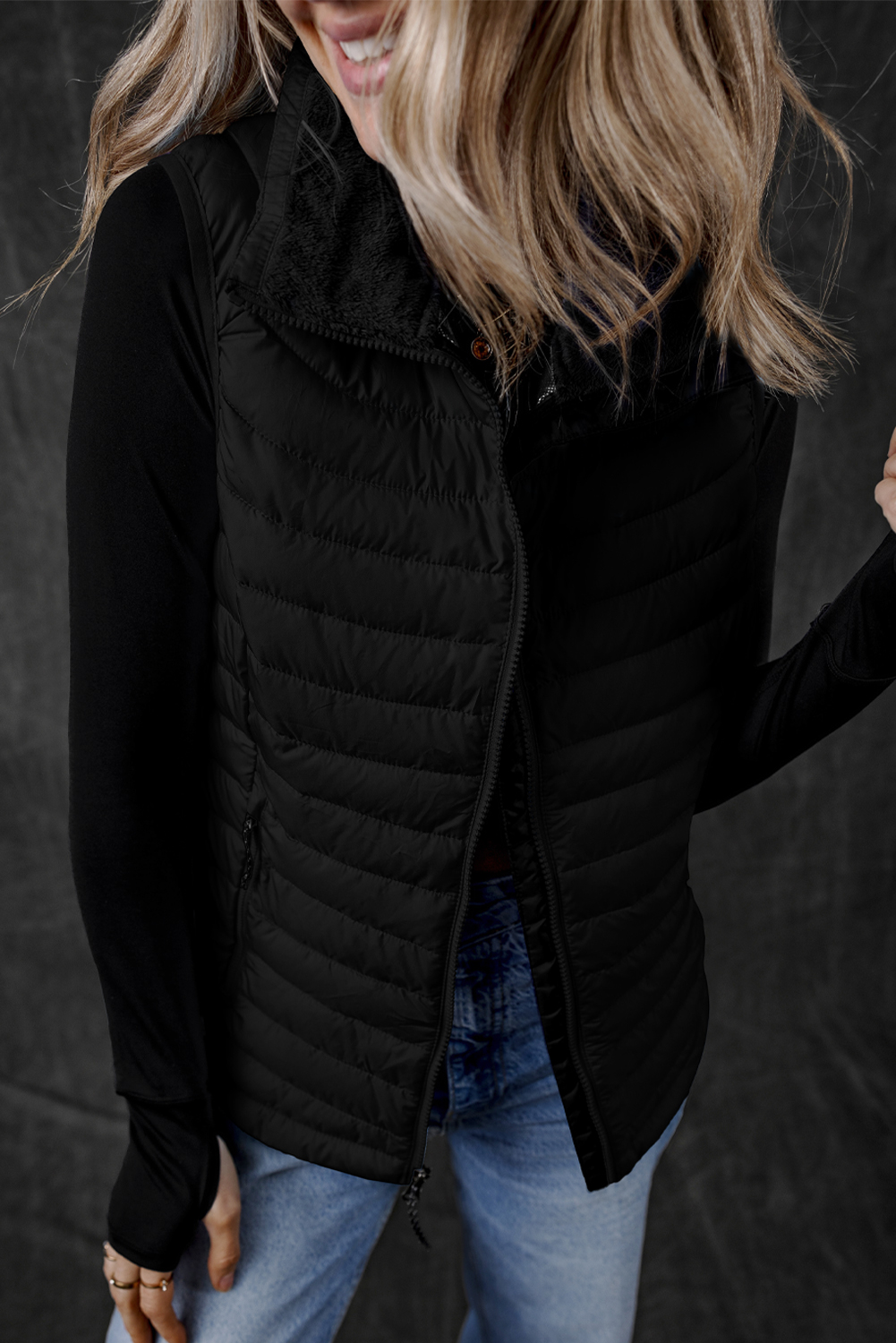 Silvery Plush Collared Quilted Zipped Puffer Vest - loveforevers