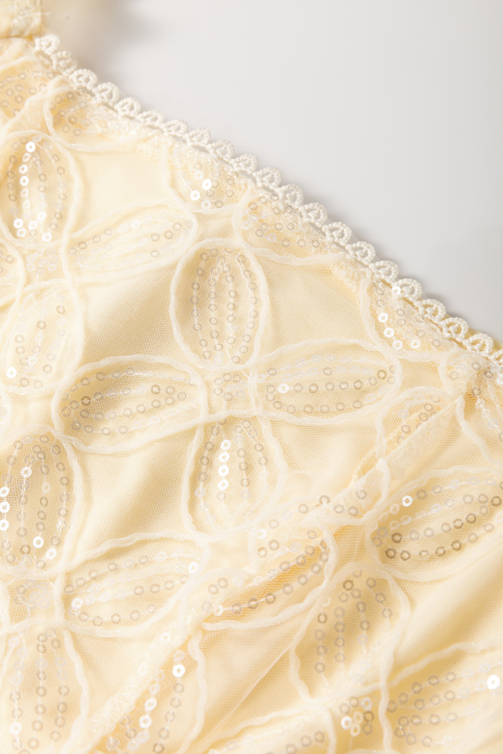 Apricot Sequined Lace Mesh Bubble Sleeve Square Neck Dress - loveforevers