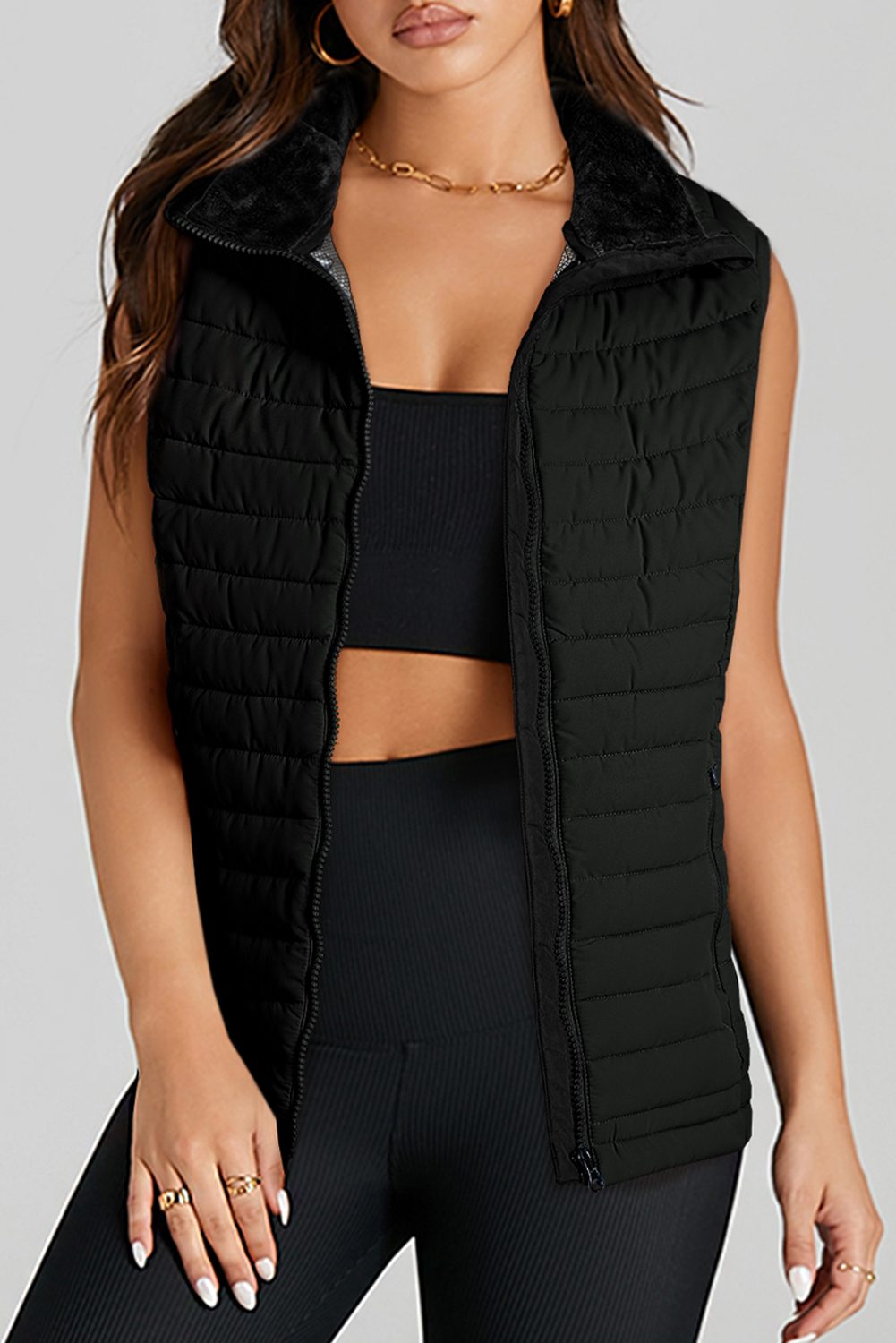Silvery Plush Collared Quilted Zipped Puffer Vest - loveforevers