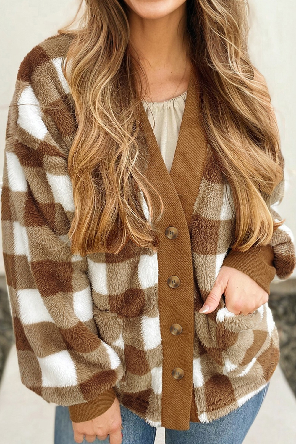 Brown Checkered Sherpa Loose Knit Cardigan with Pockets - loveforevers