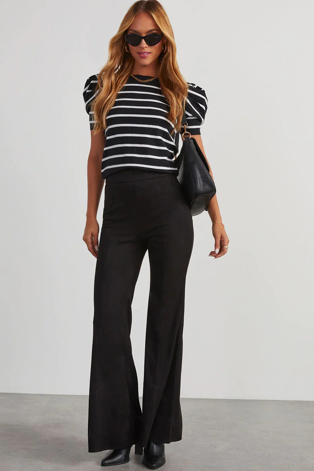 Blue Stripe Ribbed Trim Round Neck Bubble Sleeve Knitted Top - loveforevers