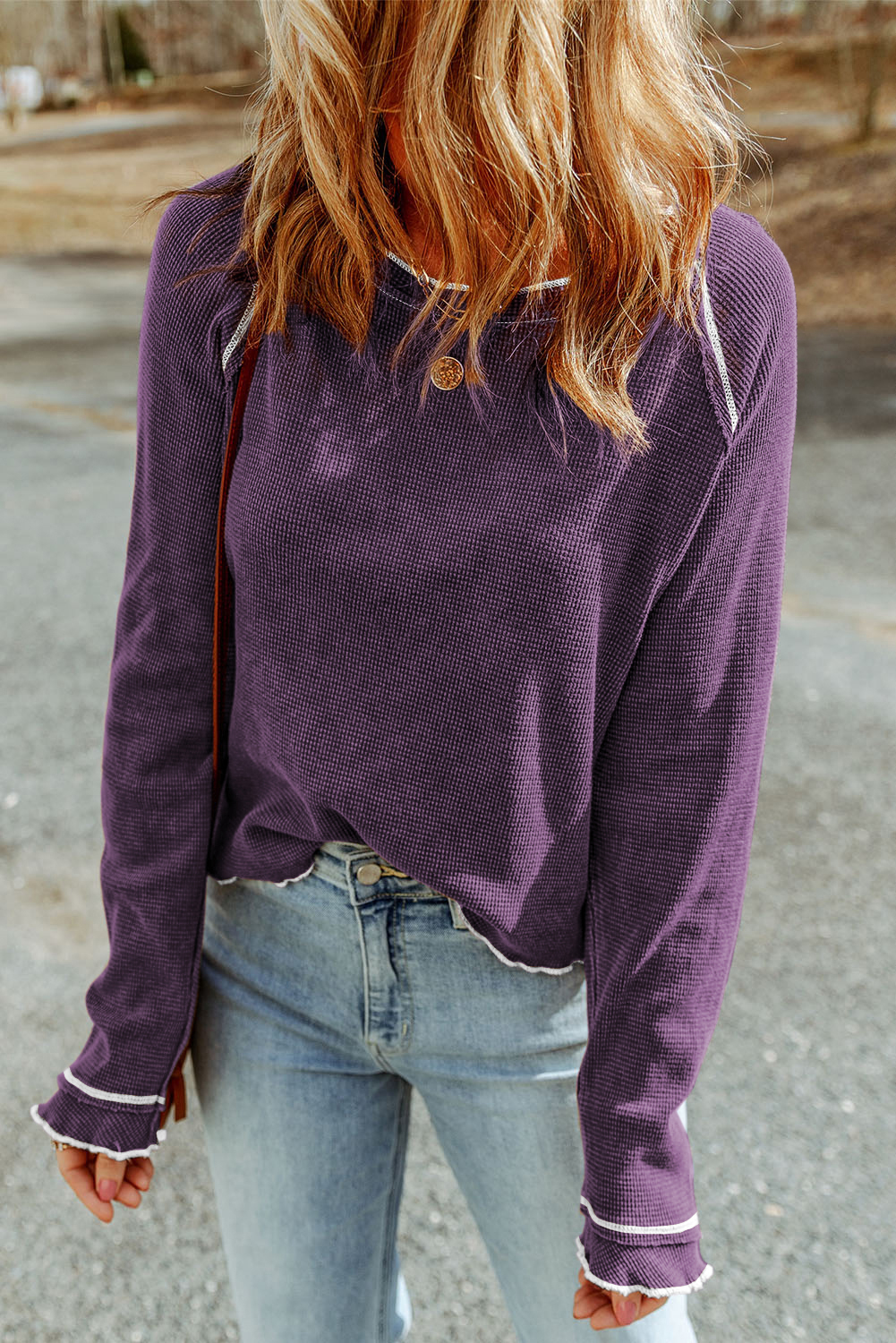 Smoke Gray Textured Round Neck Long Sleeve Top - loveforevers