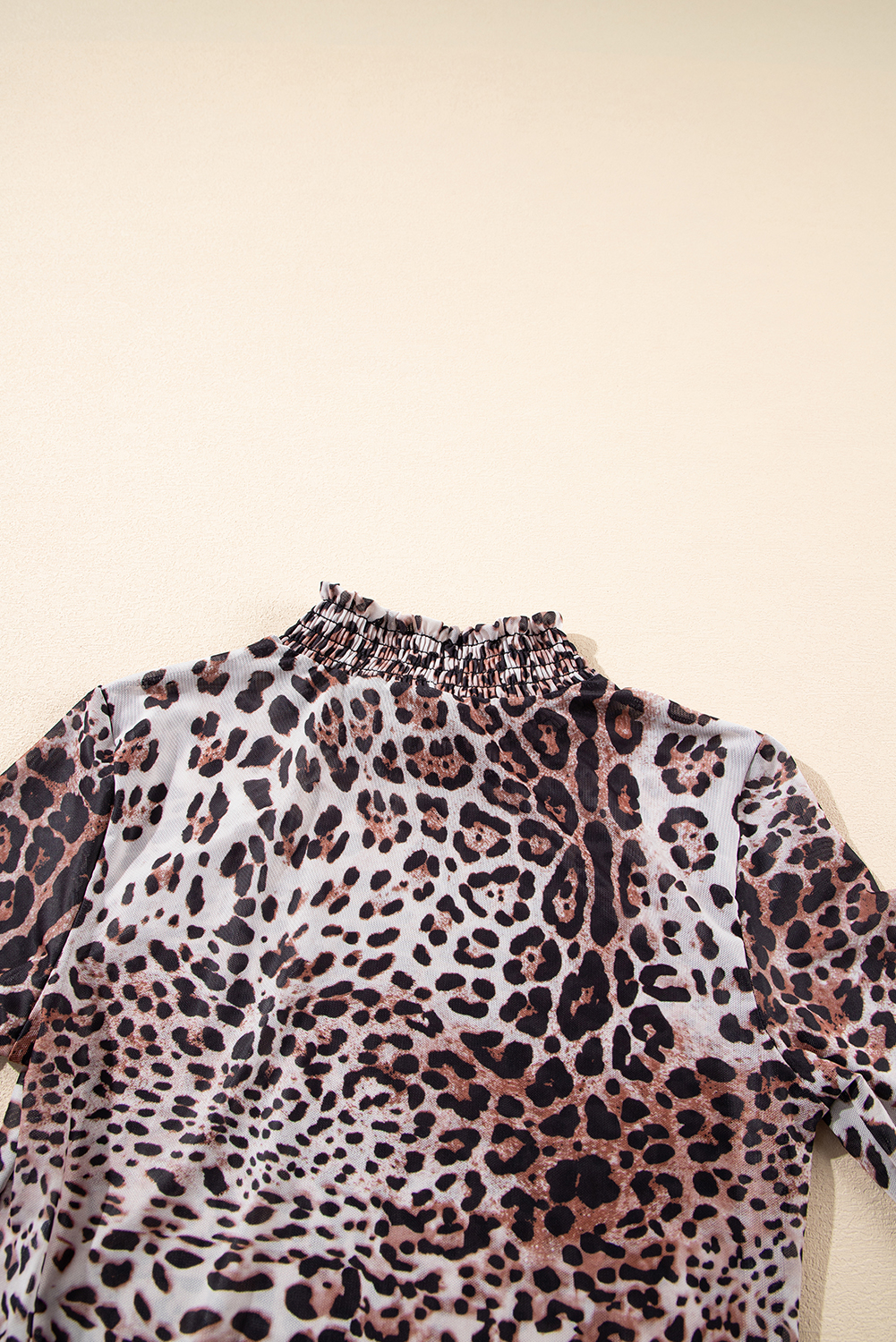 Brown Leopard Smocked Neck Mesh Long Sleeve Bodysuit - loveforevers