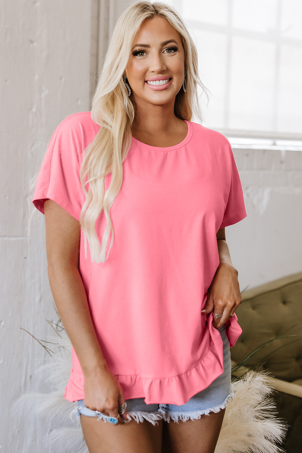 Pink Frilled Hem Loose T-Shirt - loveforevers