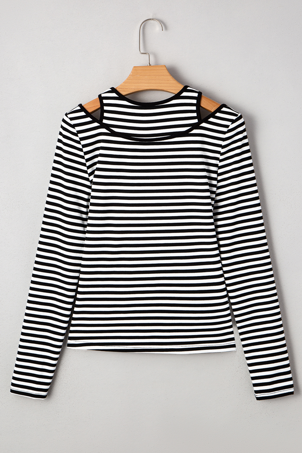 Black Stripe Double-layer Cold Shoulder Long Sleeve Top - loveforevers
