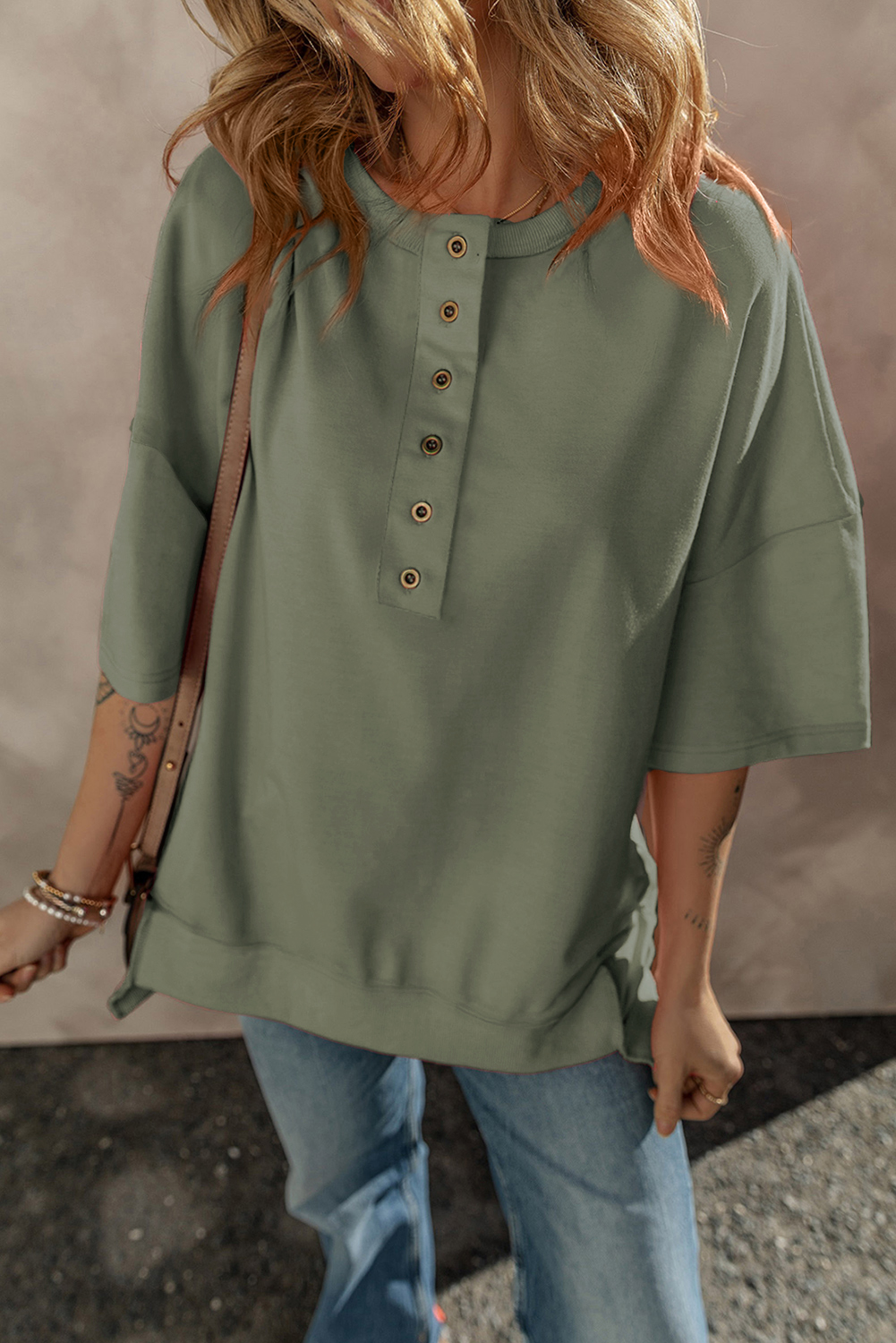 Jungle Green Exposed Seam Button Neck Wide Sleeve Tunic Top - loveforevers