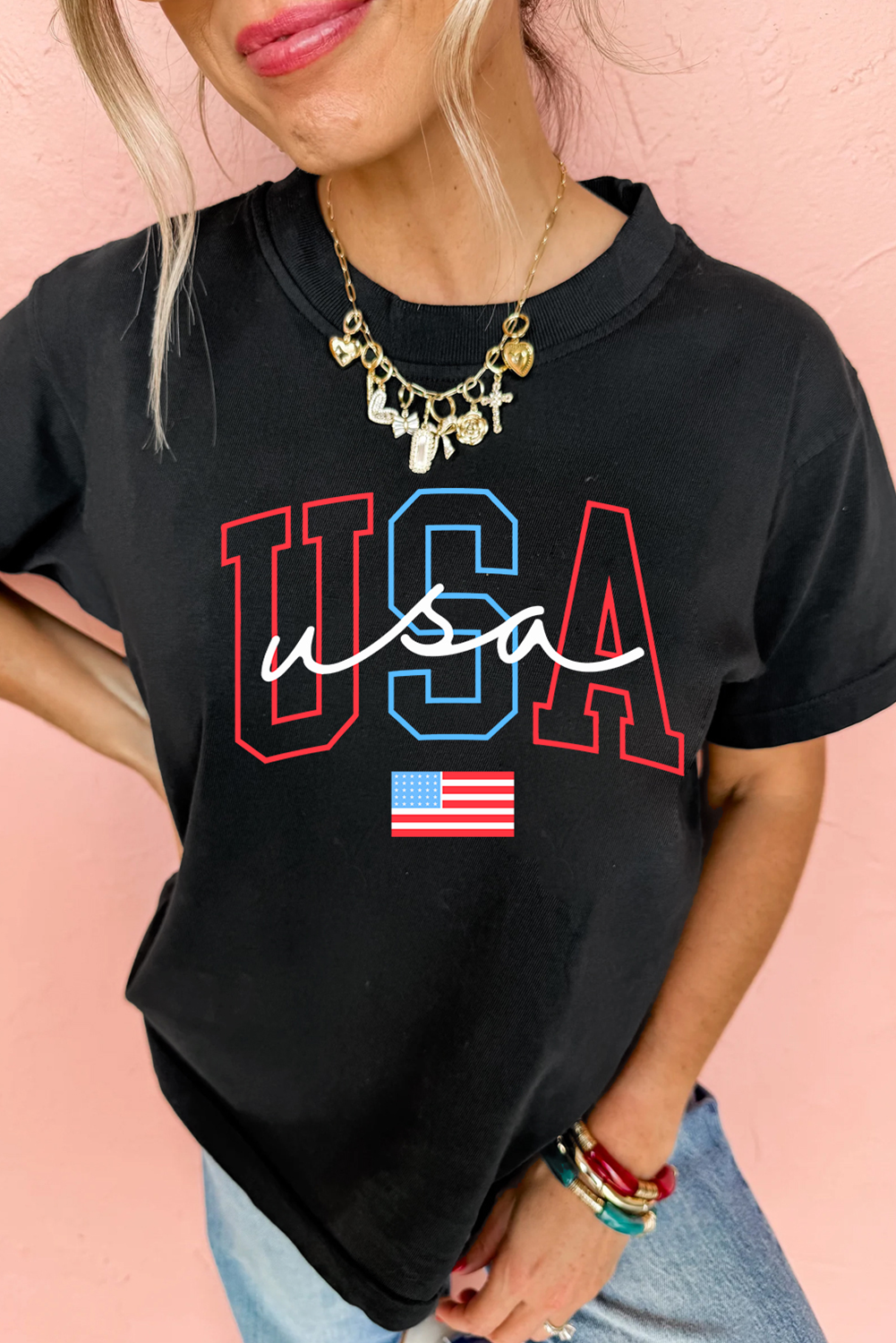Black USA Letter American Flag Print Casual T Shirt - loveforevers
