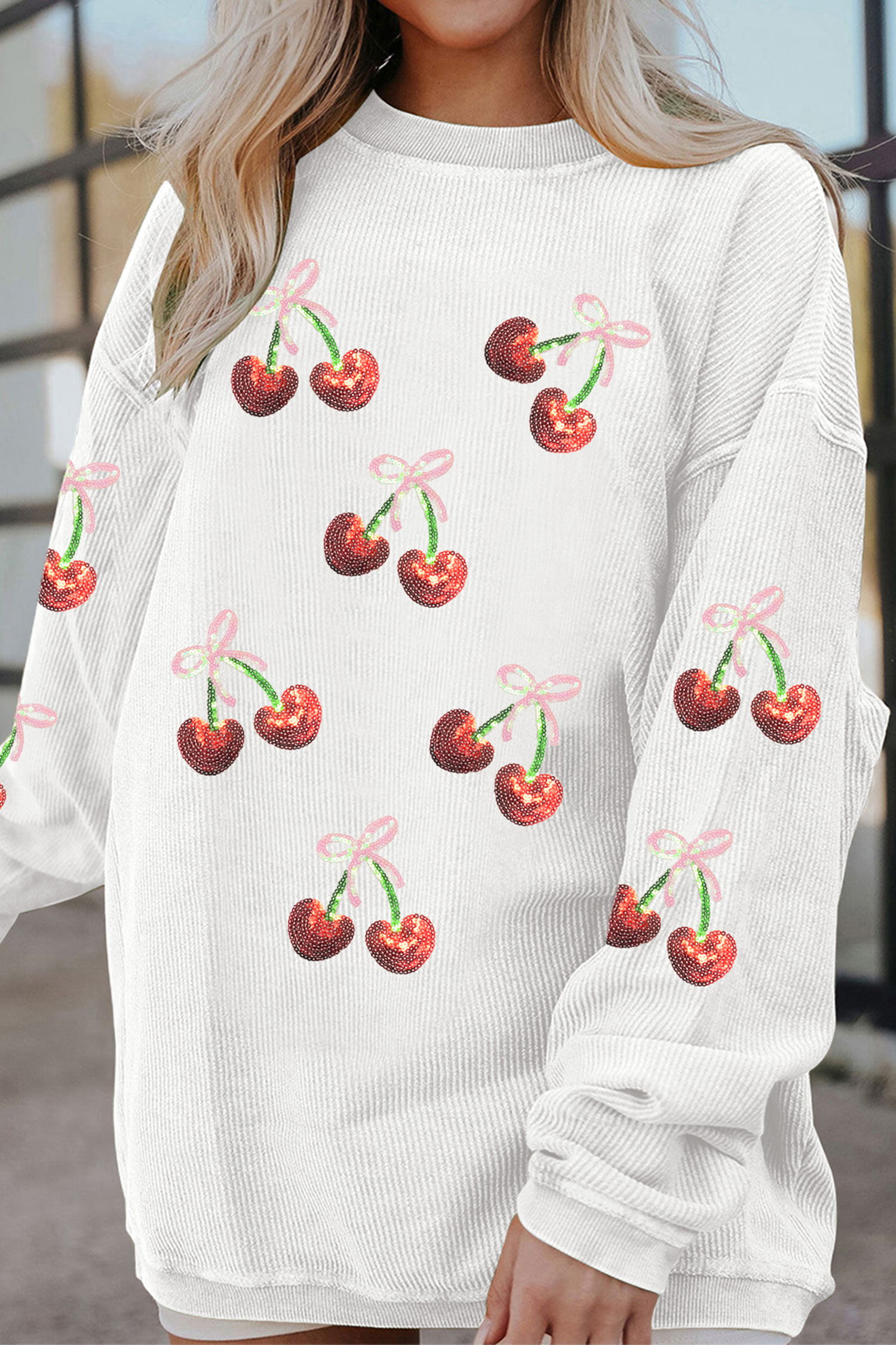White Corded Ribbed Sequin Cherry Bow Patched Drop Shoulder Sweatshirt - loveforevers