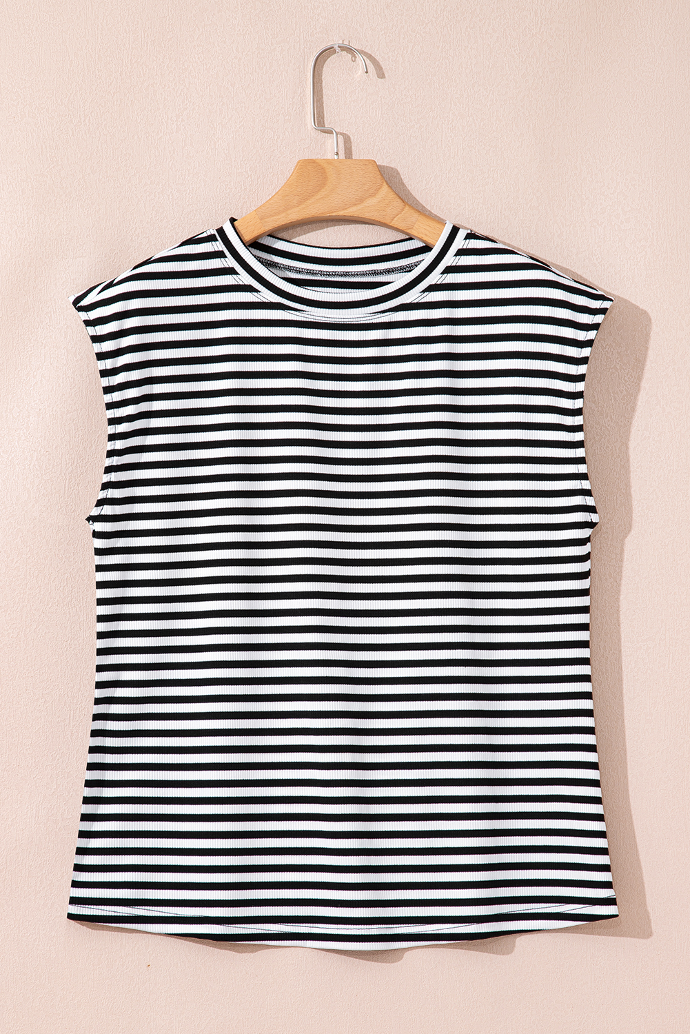 Sky Blue Stripe Ribbed Cap Sleeve Round Neck T Shirt - loveforevers