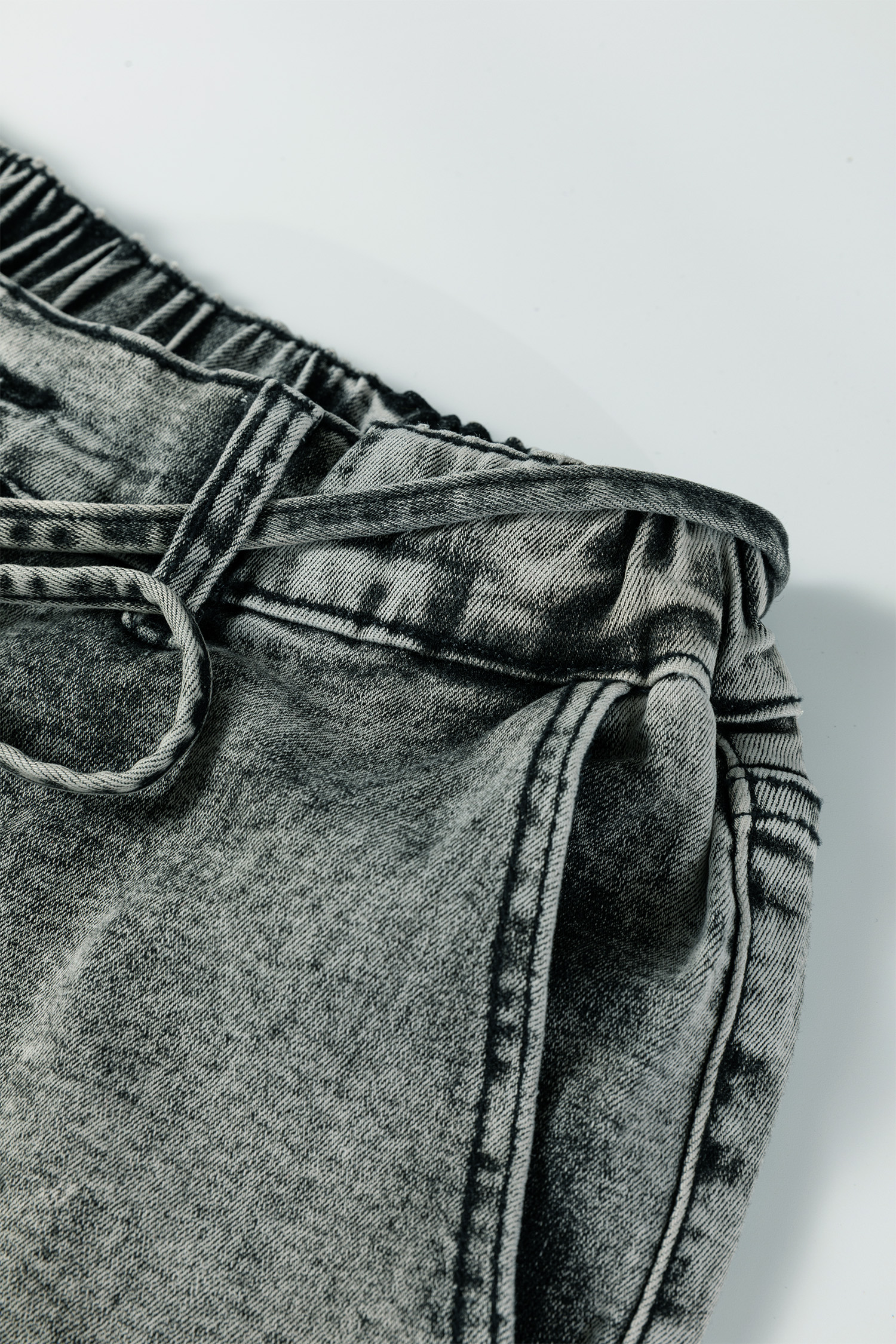 Smoke Gray Acid Wash Barrel Fit Denim Pants with Waist String - loveforevers