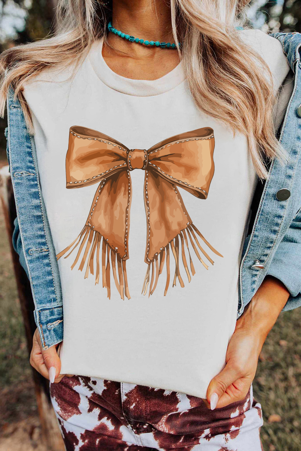 White Tassel Bowknot Print Round Neck Western Fashion T Shirt - loveforevers