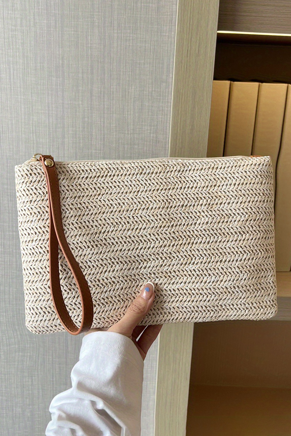 Oatmeal Straw Woven Wrist Strap Zipper Large Wallet - loveforevers