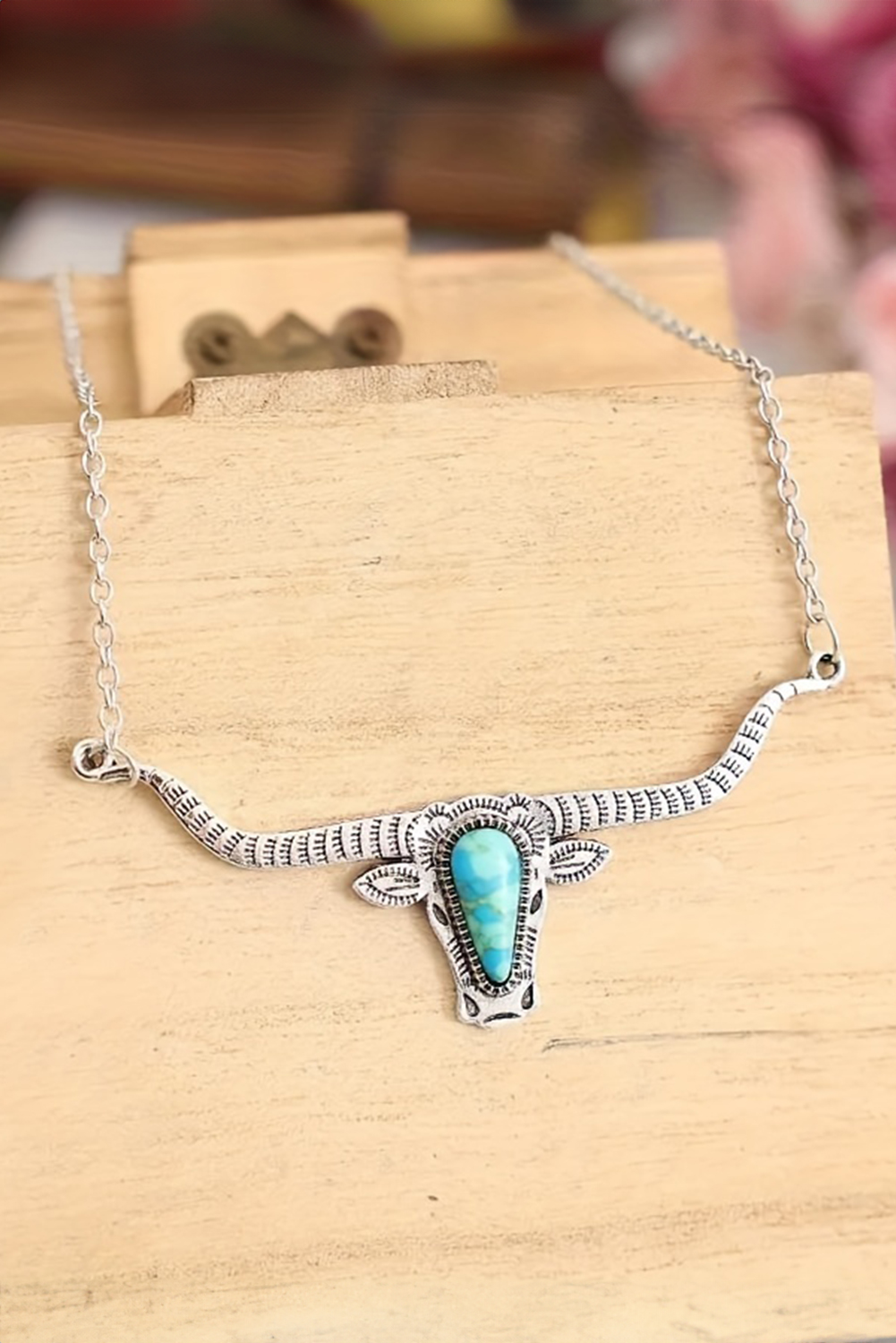 Light Blue Turquoise Steer Head Pendant Chain Necklace - loveforevers