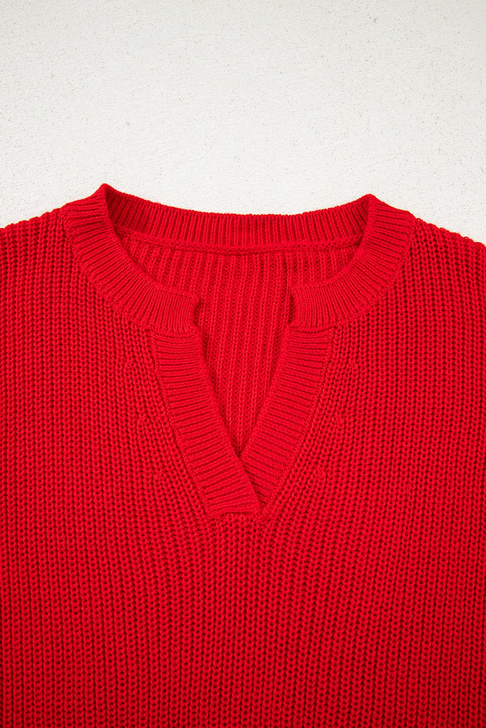 Racing Red Solid Textured Knit V Neck Drop Shoulder Sweater - loveforevers