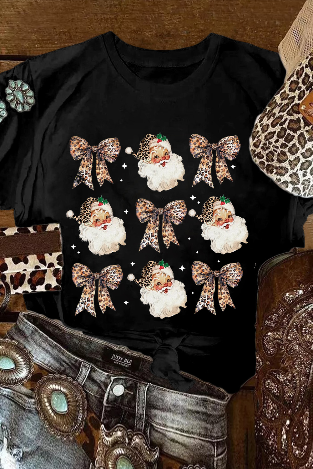 Black Santa Claus Leopard Bow Print Crew Neck Casual T Shirt - loveforevers