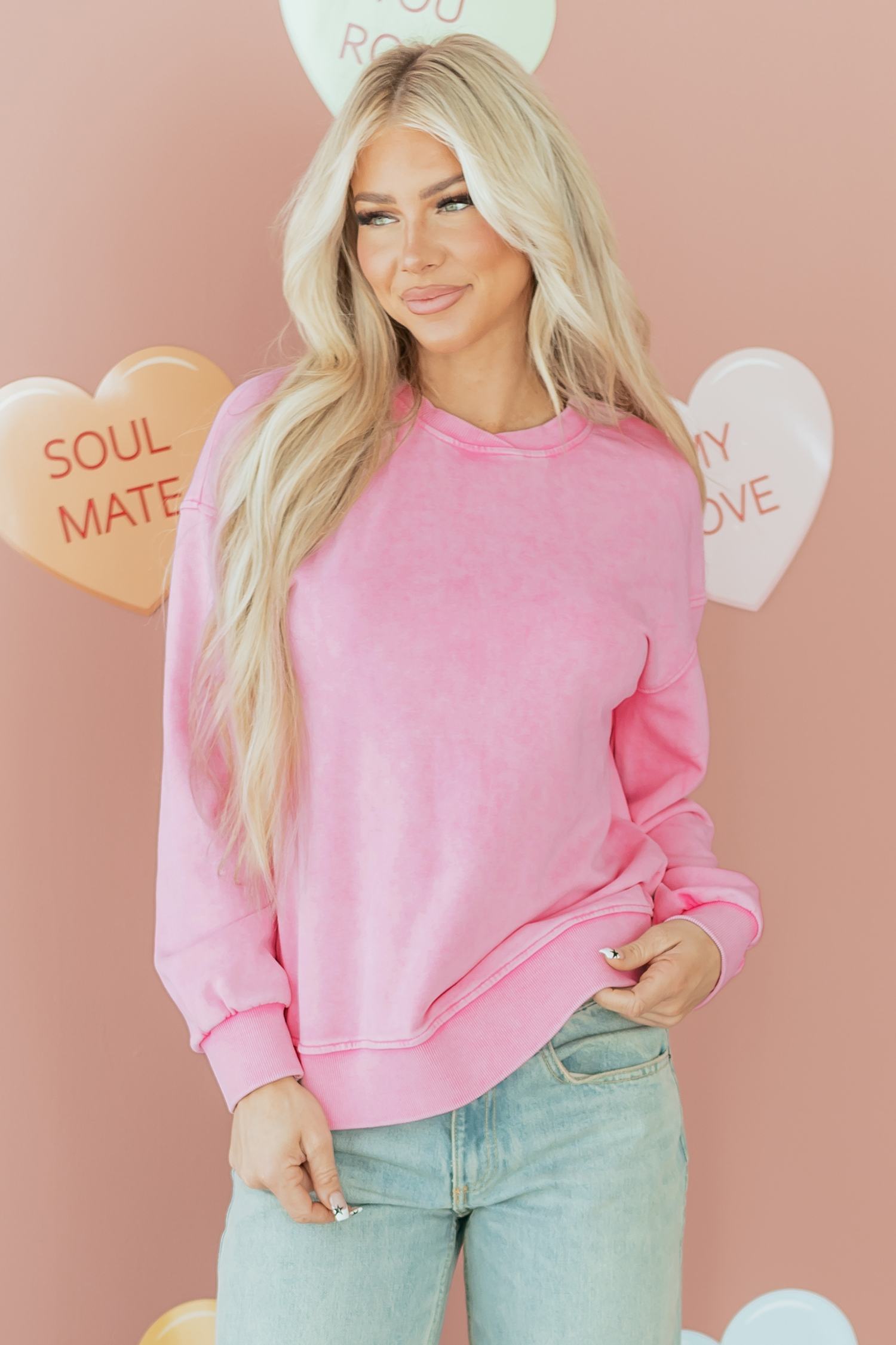 Bright Pink Mineral Wash Crossed Crew Neck Drop Shoulder Loose Sweatshirt - loveforevers